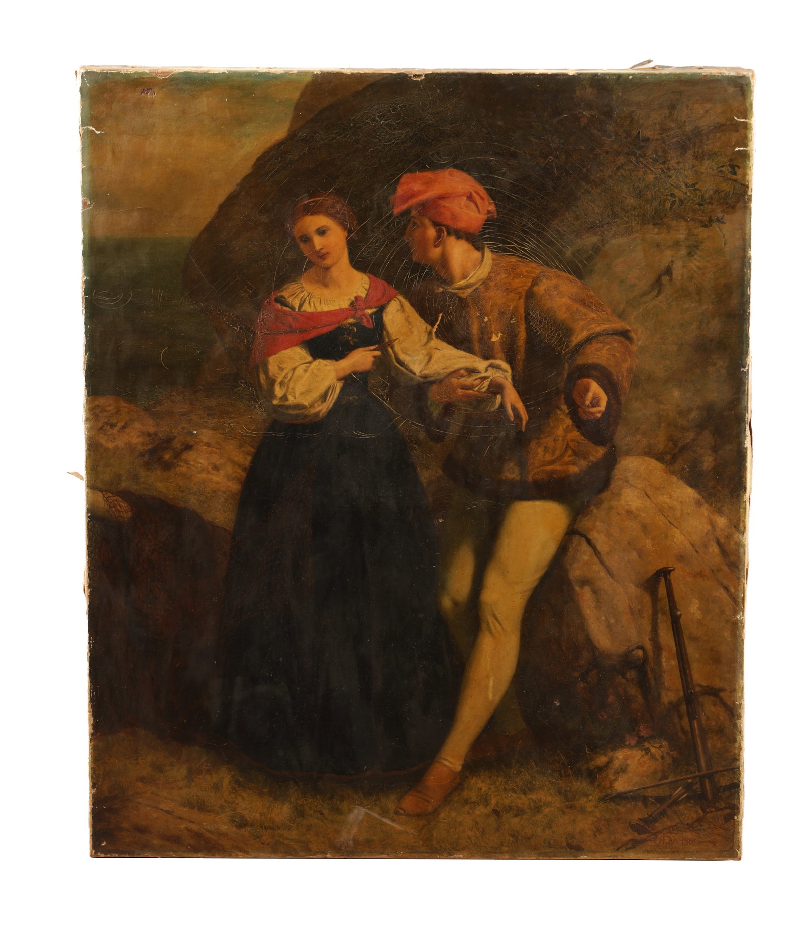 A 19TH CENTURY OIL ON CANVAS INITIALED P.R.F RA AND DATED 1866: A 19TH CENTURY OIL ON CANVAS INITIALED P.R.F RA AND DATED 1866, depicting lovers on a beach - signed and dated, unframed (76cm high 64cm wide )