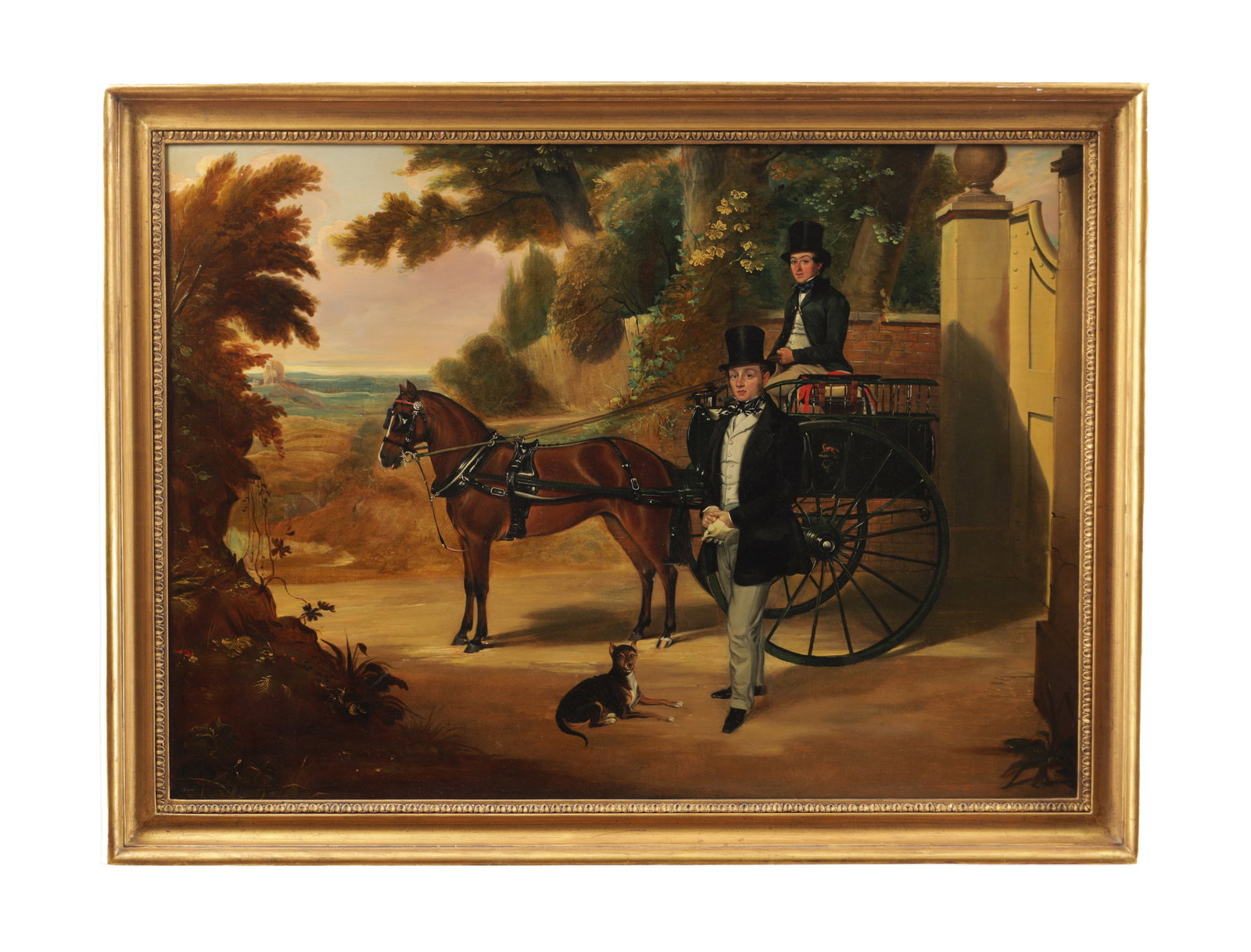 A MID 19TH CENTURY ENGLISH SCHOOL OIL ON CANVAS COACHING SCENE: A MID 19TH CENTURY ENGLISH SCHOOL OIL ON CANVAS COACHING SCENE depicting a gentleman standing beside a horse harnessed to a gig, wearing a black top hat and dark coat with waistcoat and cravat, with a