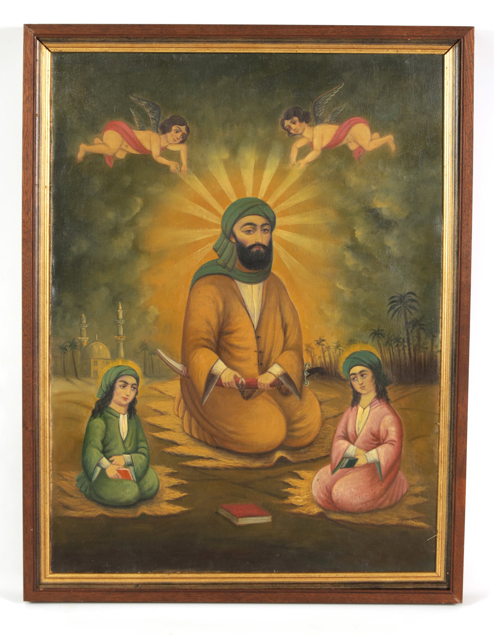 A LATE 19TH CENTURY QAJAR OIL ON CANVAS PORTRAIT OF IMAM ALI AND HIS SONS: A LATE 19TH CENTURY QAJAR OIL ON CANVAS PORTRAIT OF IMAM ALI AND HIS SONS - unsigned, mounted in a walnut frame. (80cm high 60cm wide)
