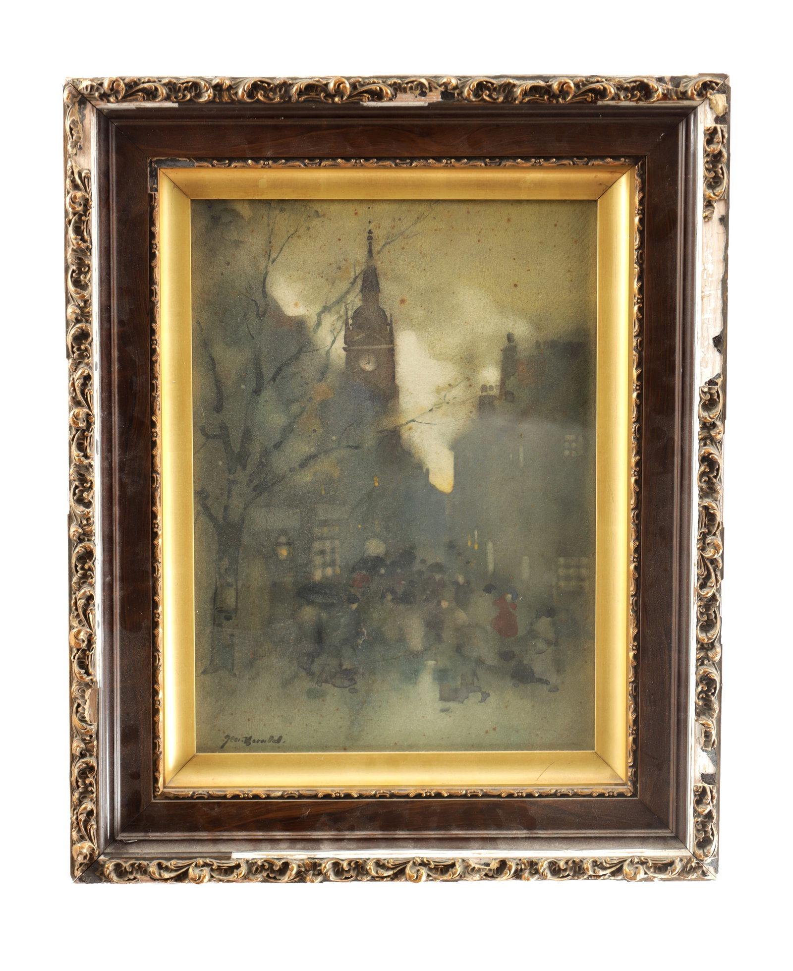 JAMES WATSON HERALD (BRITISH, 1859-1914), A WATERCOLOUR OF AN EDINBURGH STREET SCENE: JAMES WATSON HERALD (BRITISH, 1859-1914), A WATERCOLOUR OF AN EDINBURGH STREET SCENE signed lower left, depicting a misty crowd with umbrellas beneath a clock tower, mounted with a gilt slip in a moul