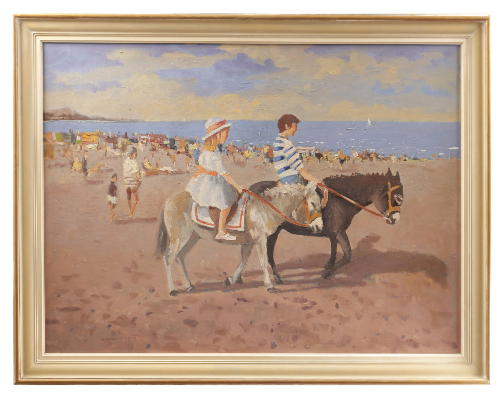 WILLIAM NORMAN GAUNT BRITISH 1918-2001 A 20TH CENTURY OIL ON CANVAS BEACH SCENE WITH CHILDREN ON: WILLIAM NORMAN GAUNT BRITISH 1918-2001 A 20TH CENTURY OIL ON CANVAS BEACH SCENE WITH CHILDREN ON DONKEYS depicting two youngsters riding donkeys along a busy shore with figures, beach huts and the sea
