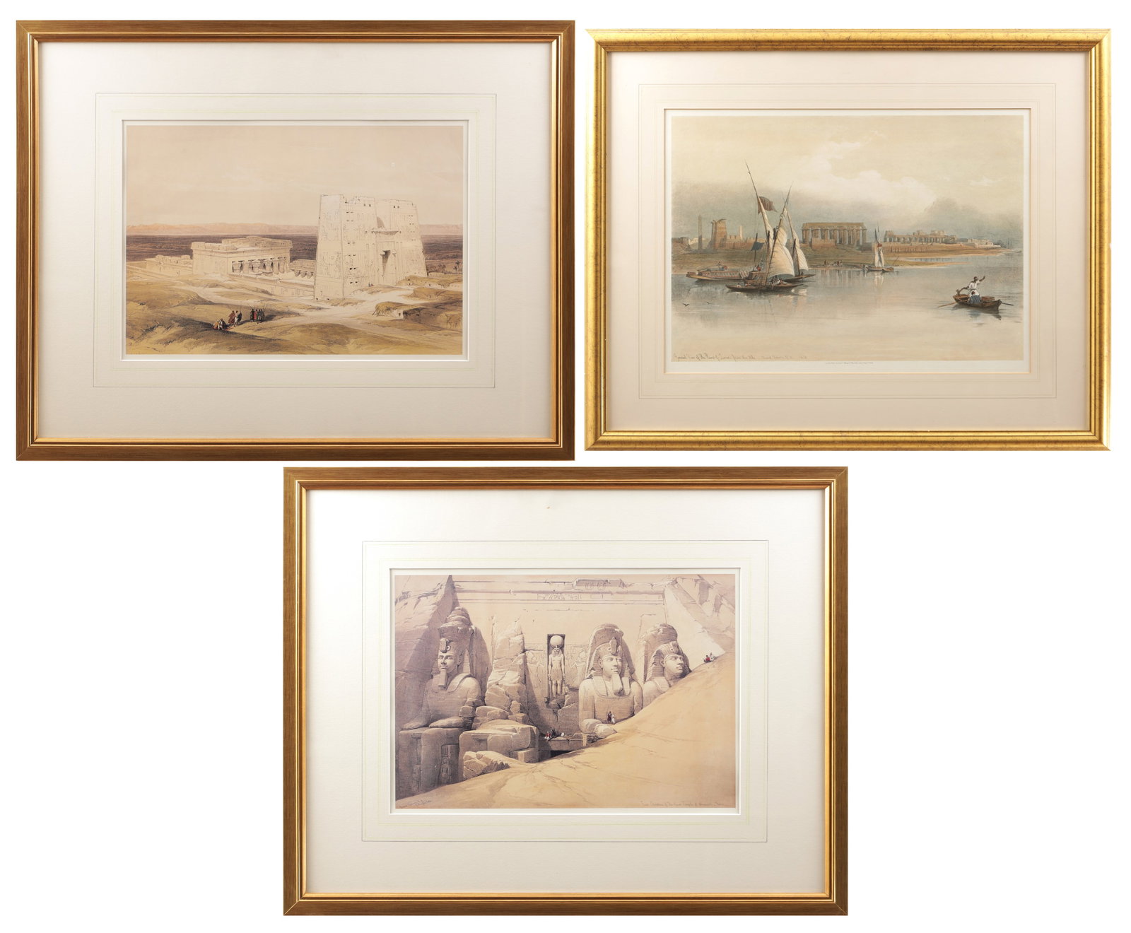 DAVID ROBERTS (SCOTTISH 1796-1864) A COLLECTION OF THREE GLAZED AND FRAMED TINTED LITHOGRAPHS OF: DAVID ROBERTS (SCOTTISH 1796-1864) A COLLECTION OF THREE GLAZED AND FRAMED TINTED LITHOGRAPHS OF DYNASTIC EGYPT depicting the Great Temple of Ramesses II at Abu Simbel, the Temple of Horus at Edfu and