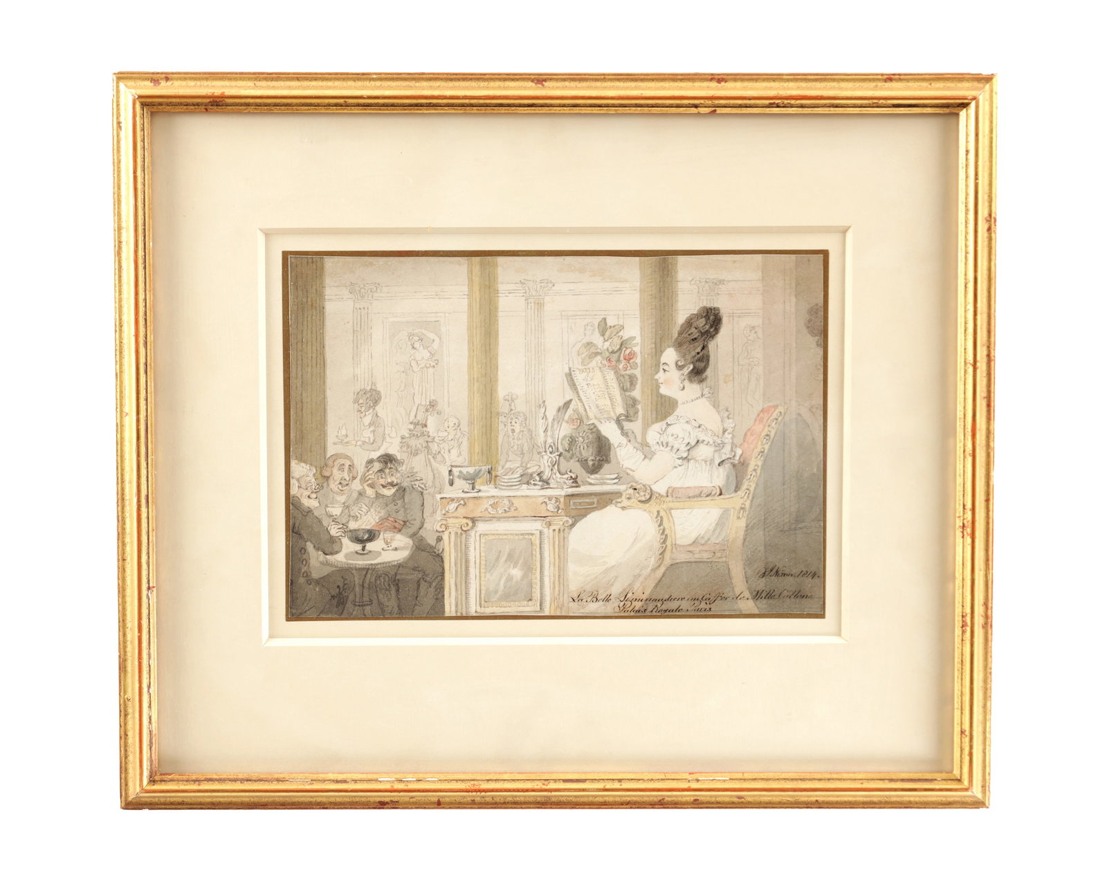 JOHN NIXON BRITISH AN 1814 WATERCOLOUR AND INK DRAWING: JOHN NIXON BRITISH AN 1814 WATERCOLOUR AND INK DRAWING titled 'La Belle Liminaudiere au Cafe des Mille Collones, Palais Royale, Paris', signed and dated 1814, engraved by Thomas Rowlandson January 181