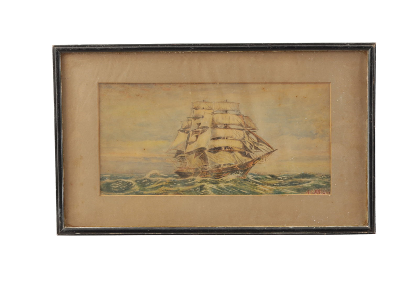 A 19TH CENTURY SEASCAPE WATERCOLOUR: A 19TH CENTURY SEASCAPE WATERCOLOUR depicting a three-masted sailing ship under full sail upon choppy seas beneath a pale sky, signed lower right and mounted within a glazed frame. (14cm high and 29cm