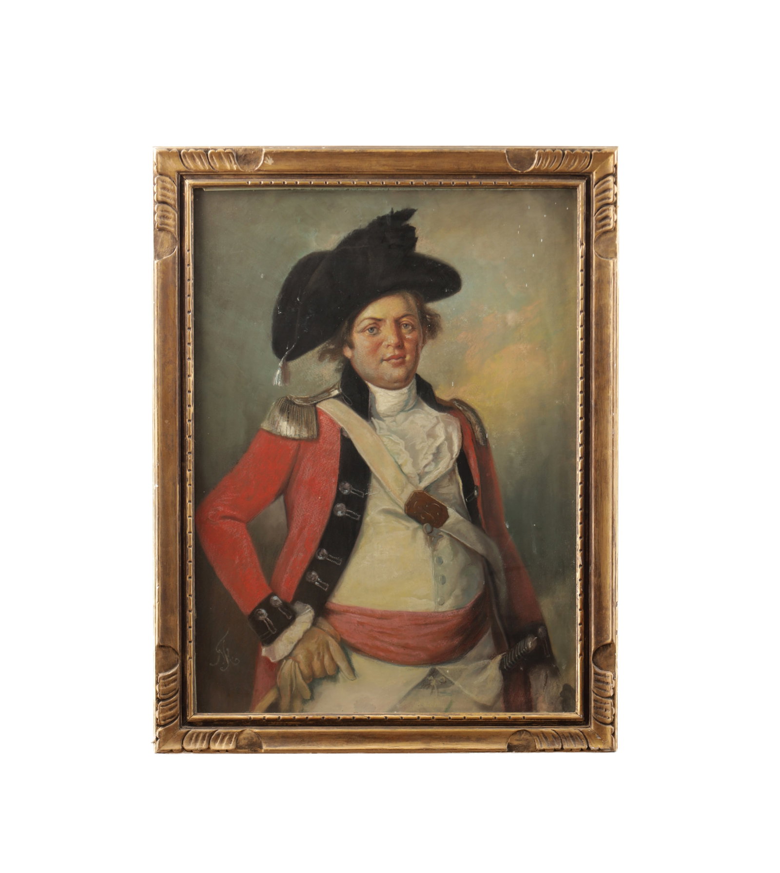 AN 18TH CENTURY PASTEL PORTRAIT OF AN OFFICER: AN 18TH CENTURY PASTEL PORTRAIT OF AN OFFICER depicting a half-length portrait of a gentleman in military uniform with a red coat and black hat on a neutral ground, signed with a mark to the lower rig