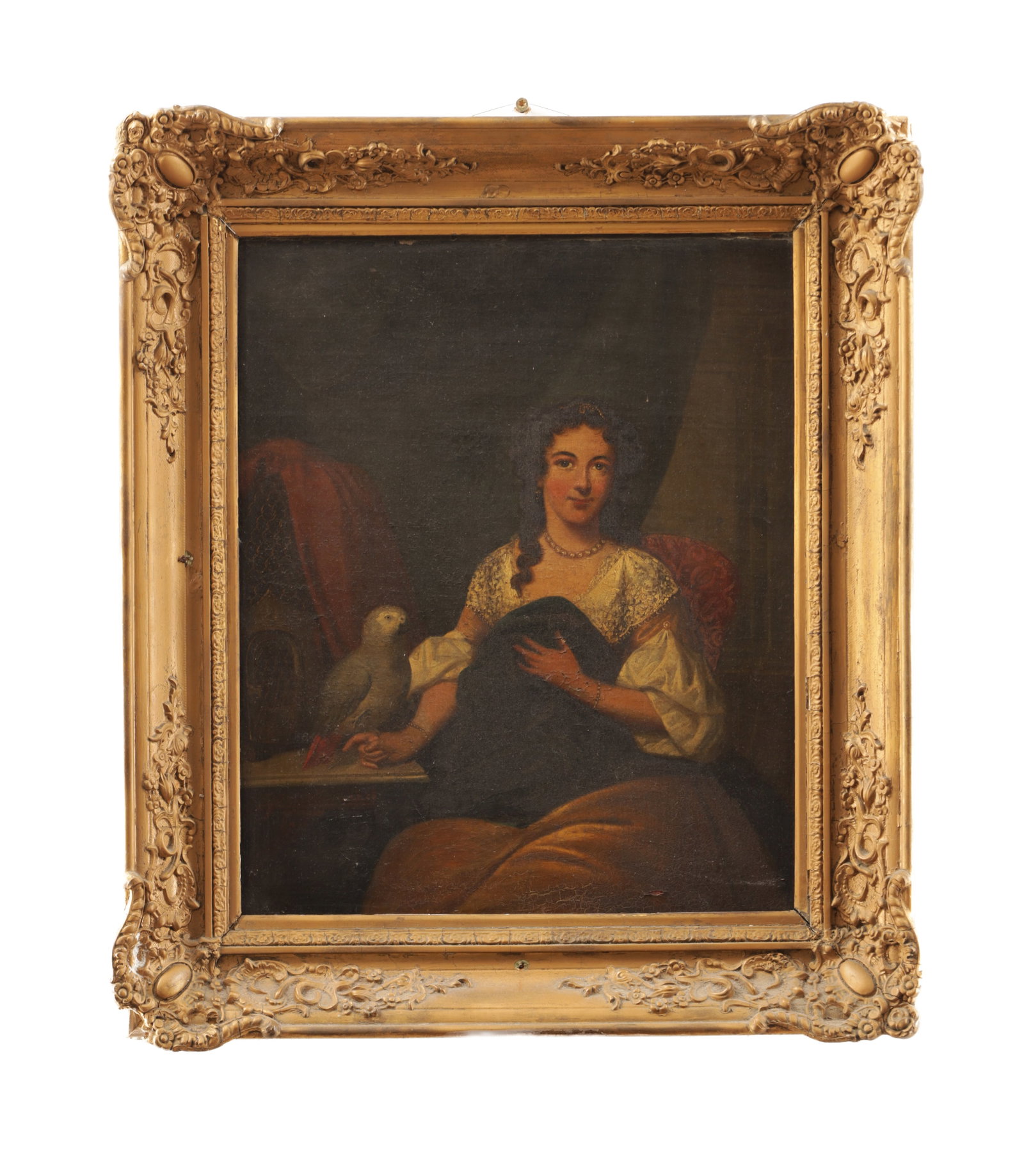 ATT. FREDERICK GOODALL. A 19TH CENTURY OIL ON CANVAS FULL LENGTH PORTRAIT OF A SEATED YOUNG LADY: ATT. FREDERICK GOODALL. A 19TH CENTURY OIL ON CANVAS FULL LENGTH PORTRAIT OF A SEATED YOUNG LADY WITH A PARROT in swept gilt frame (53cm high 43cm wide )