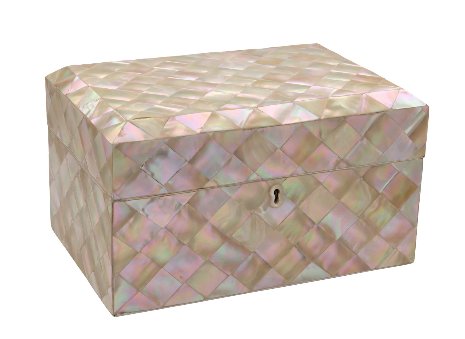 A FINE 19TH CENTURY MOTHER-OF-PEARL VENEERED FITTED SILVER DRESSING BOX: A FINE 19TH CENTURY MOTHER-OF-PEARL VENEERED FITTED SILVER DRESSING BOX of rectangular form with harlquin design veneers enclosing a fitted interior with silver-mounted glass bottles and vanity set, t