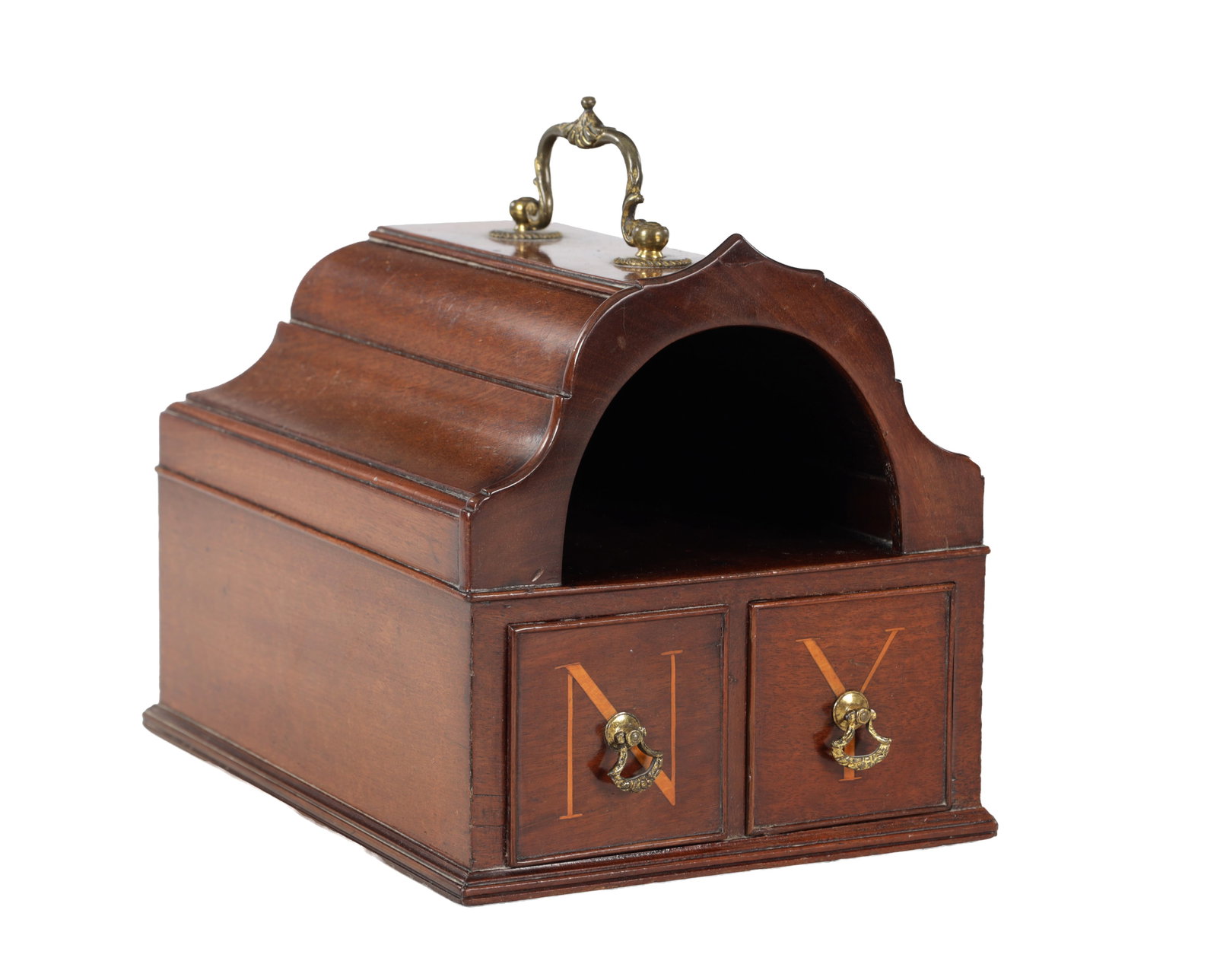 A GEORGE III MAHOGANY BALLOT BOX WITH SHAPED DOME TOP AND TWIN DRAWERS INLAID Y AND N: A GEORGE III MAHOGANY BALLOT BOX WITH SHAPED DOME TOP AND TWIN DRAWERS INLAID Y AND N having an arched front aperture, brass drop handles to the drawers and a brass swing handle to the top, on a mould
