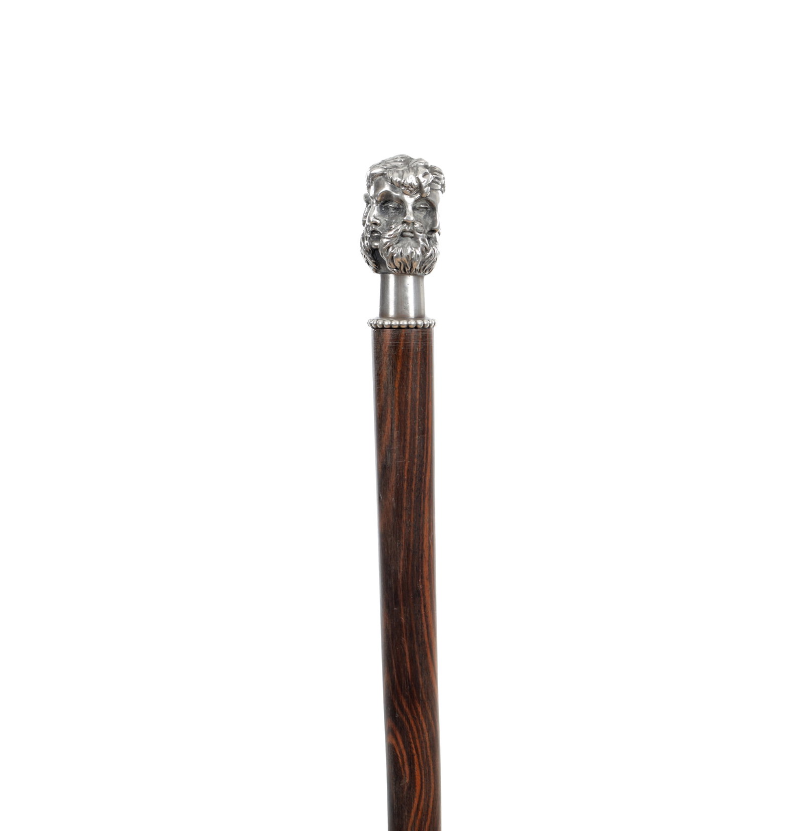 A 19TH CENTURY MALACCA WALKING CANE WITH SILVER JANUS HANDLE: A 19TH CENTURY MALACCA WALKING CANE WITH SILVER JANUS HANDLE modelled as the head of Janus with opposing bearded faces, above a tapering malacca shaft, terminating with a metal ferrule. (Length 85.5cm