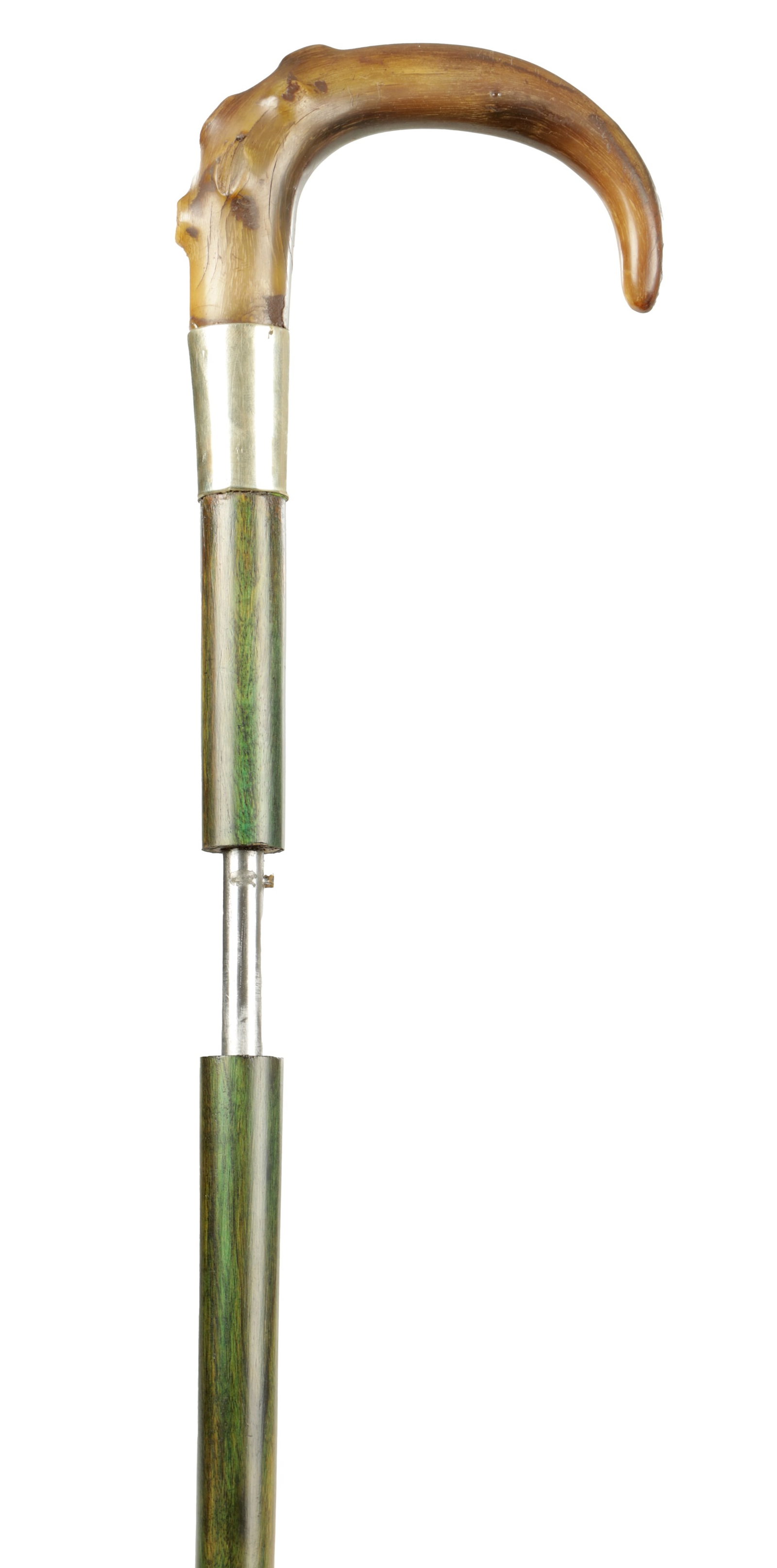 A 19TH CENTURY HORN HANDLED SWORD STICK: A 19TH CENTURY HORN HANDLED SWORD STICK having a green-stained shaft, silvered collar and brass finial, enclosing a square tapering steel blade. (Length of the stick 95cm and the length of the blade 7