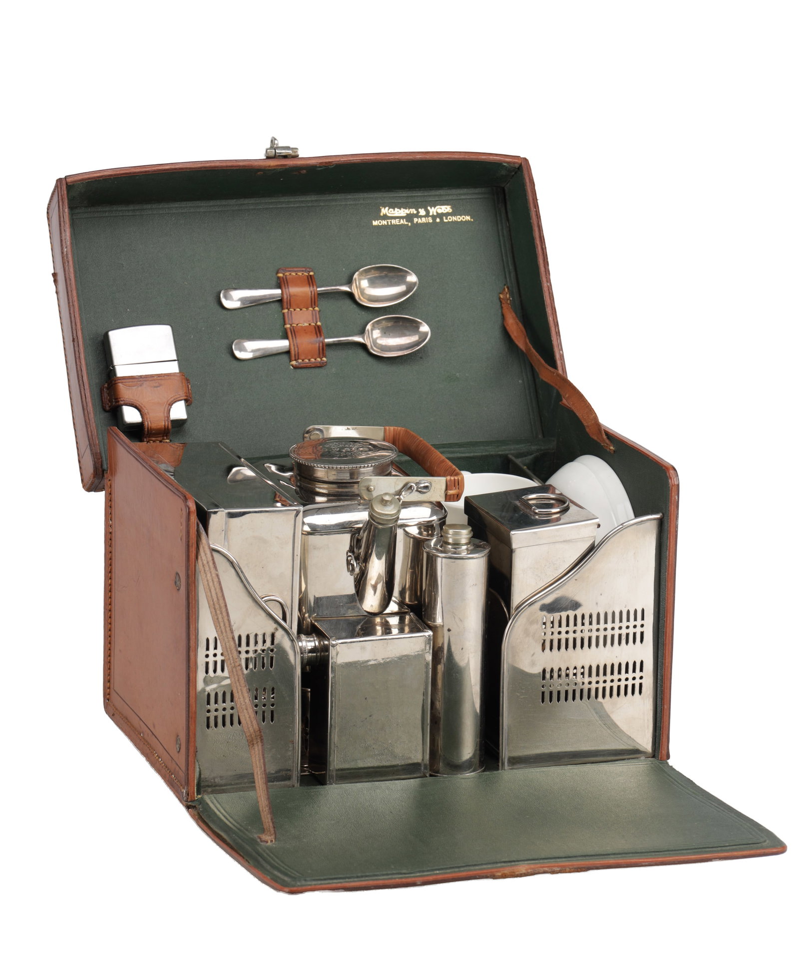 A 20TH CENTURY ENGLISH LEATHER-CASED MOTORING PICNIC SET BY MAPPIN & WEBB: A 20TH CENTURY ENGLISH LEATHER-CASED MOTORING PICNIC SET BY MAPPIN & WEBB the brown leather case with carrying handle and fall-front opening to a green Rexine interior fitted with a wicker-handled ket