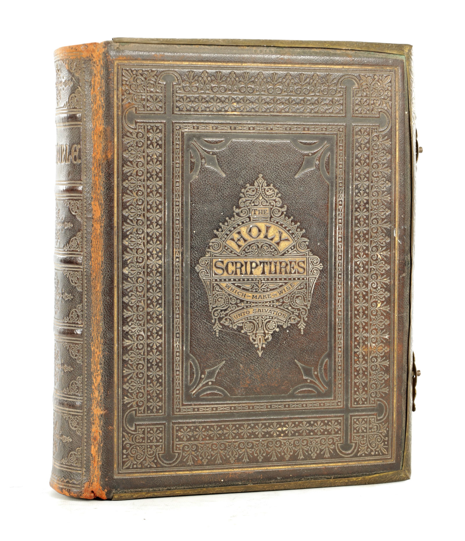 A VICTORIAN LEATHER BOUND FAMILY BIBLE BY THE LATE REV. JOHN BROWN WITH BRASS MOUNTS AND CLASP (1 of 10)
