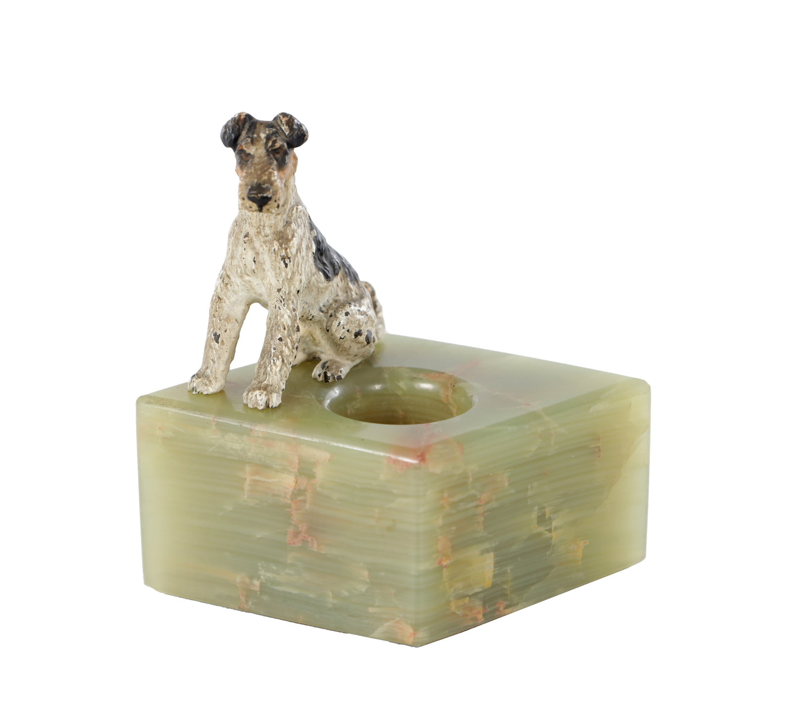 FRANZ BERGMAN (1861 - 1936) AN AUSTRIAN COLD-PAINTED BRONZE TERRIER DESK SEAL WITH ONYX BASE: FRANZ BERGMAN (1861 - 1936) AN AUSTRIAN COLD-PAINTED BRONZE TERRIER MATCH HOLDER the square onyx base with a circular recess, surmounted by a cold-painted bronze terrier seated alert with curled tail,