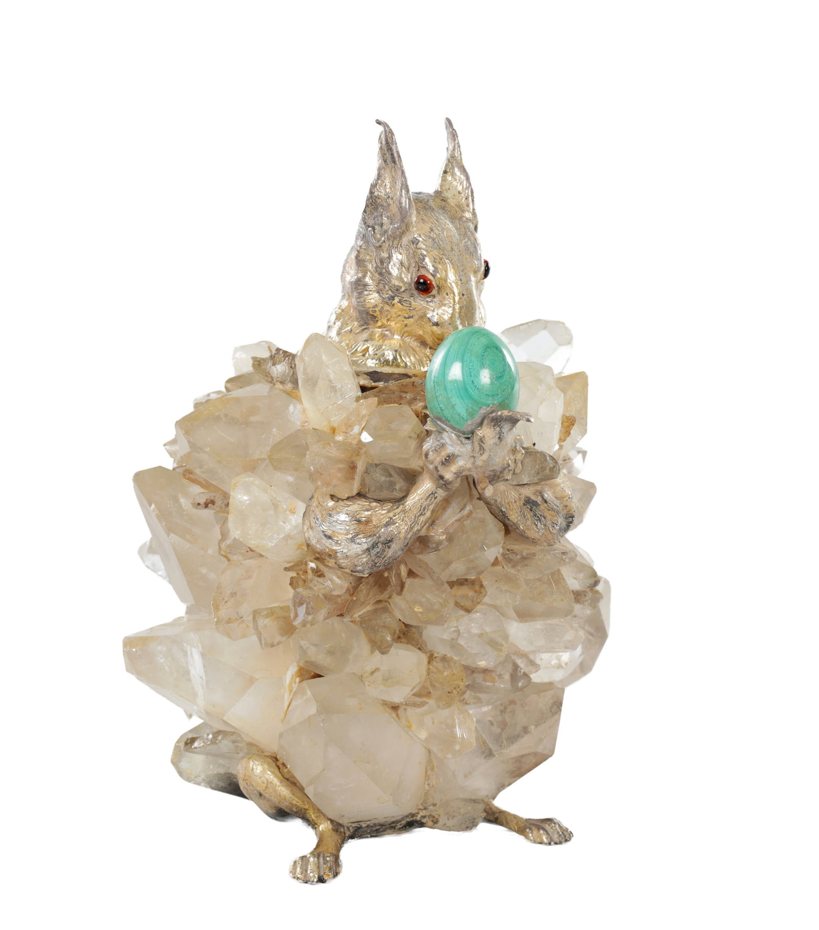 A ROCK CRYSTAL AND SILVERED METAL SQUIRREL HOLDING A MALACHITE EGG BY ANTHONY REDMILE: A ROCK CRYSTAL AND SILVERED METAL SQUIRREL HOLDING A MALACHITE EGG BY ANTHONY REDMILE modelled as a squirrel from a cluster of rock crystal, the silvered metal figure with red glass eyes and holding a