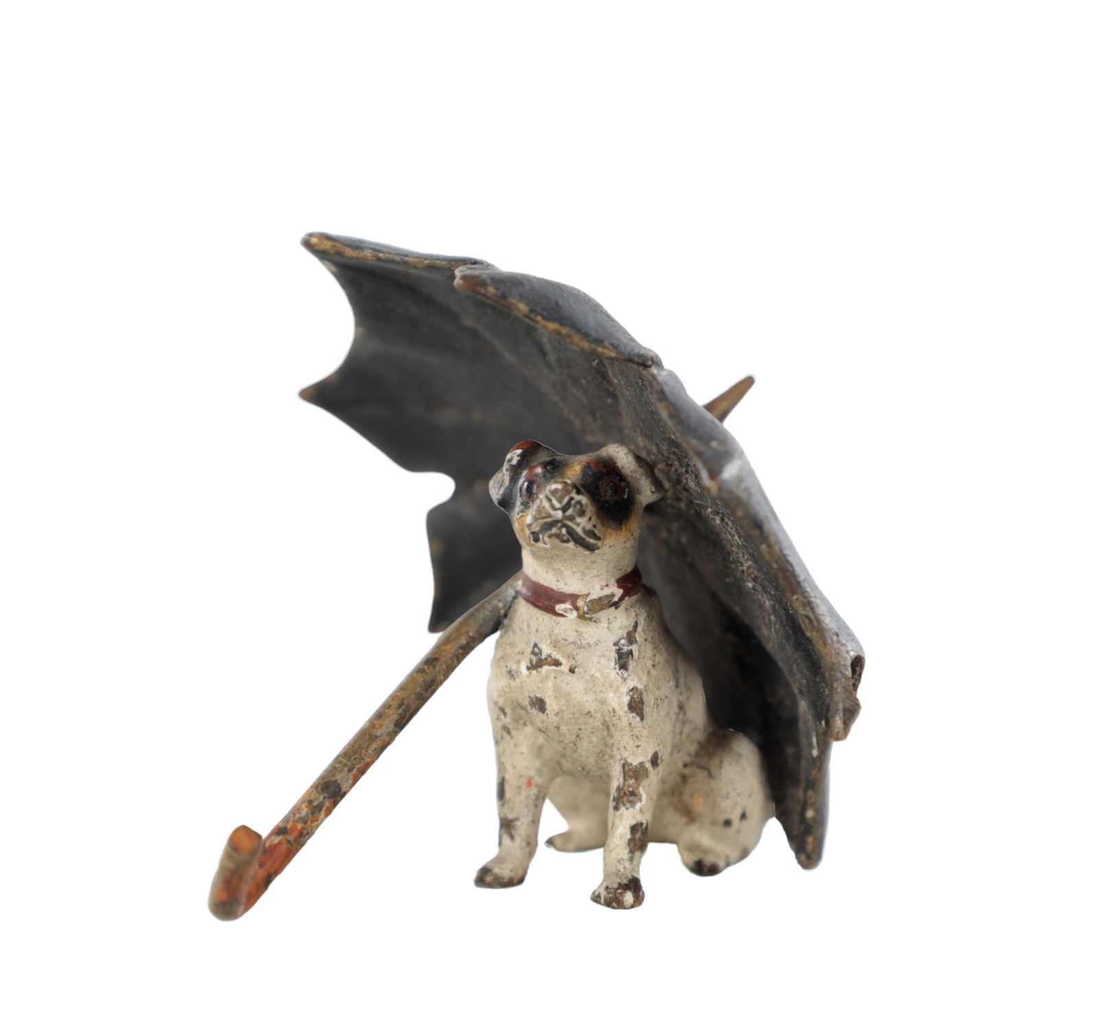 ATTRIBUTED TO FRANZ BERGMAN (1861-1936) AN AUSTRIAN COLD-PAINTED BRONZE TERRIER WITH UMBRELLA: ATTRIBUTED TO FRANZ BERGMAN (1861-1936) AN AUSTRIAN COLD-PAINTED BRONZE TERRIER WITH UMBRELLA modelled as a seated terrier beneath an open umbrella supported on a slender shaft, the figure with cold-p