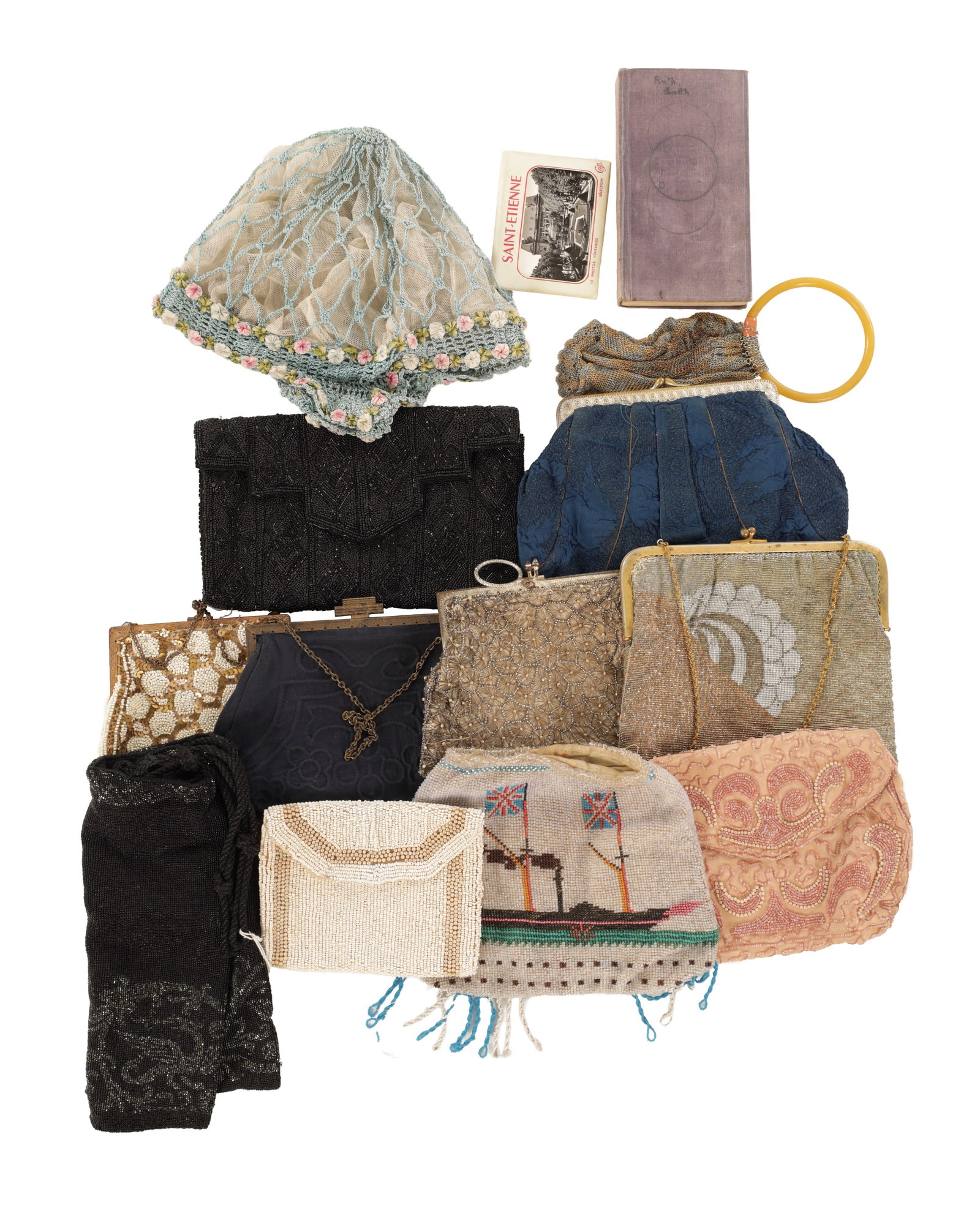 A COLLECTION OF 19TH/20TH CENTURY EUROPEAN PURSES: A COLLECTION OF 19TH/20TH CENTURY EUROPEAN PURSES comprising ten beaded purses, two bags with labels made in France, one bag with a label made in England, and one bag depicting a maritime scene. A 192