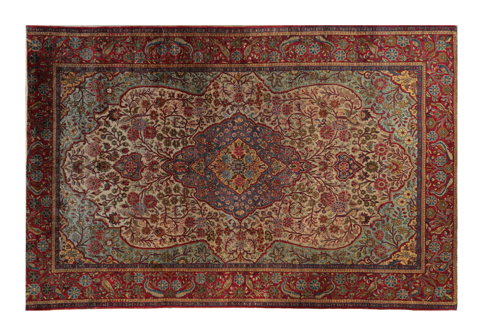 A GOOD ANTIQUE PERSIAN RUG: A GOOD ANTIQUE PERSIAN RUG having geometric coloured designs of birds amongst leaf work (190cm wide 128cm wide )
