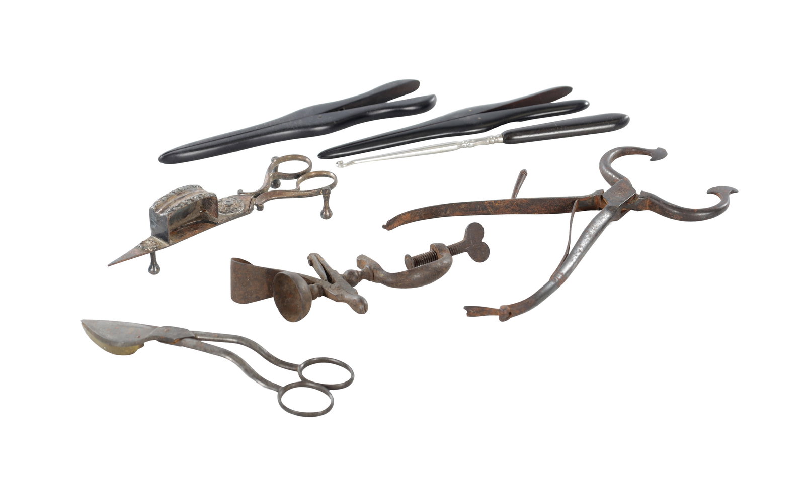 A COLLECTION OF 18TH/19TH CENTURY ITEMS: A COLLECTION OF 18TH/19TH CENTURY ITEMS comprising a set of ebony glove stretches with their original box, a set of candle wick trimmers, a set of sugar nippers, a sewing bird clamp, and a set of Germ