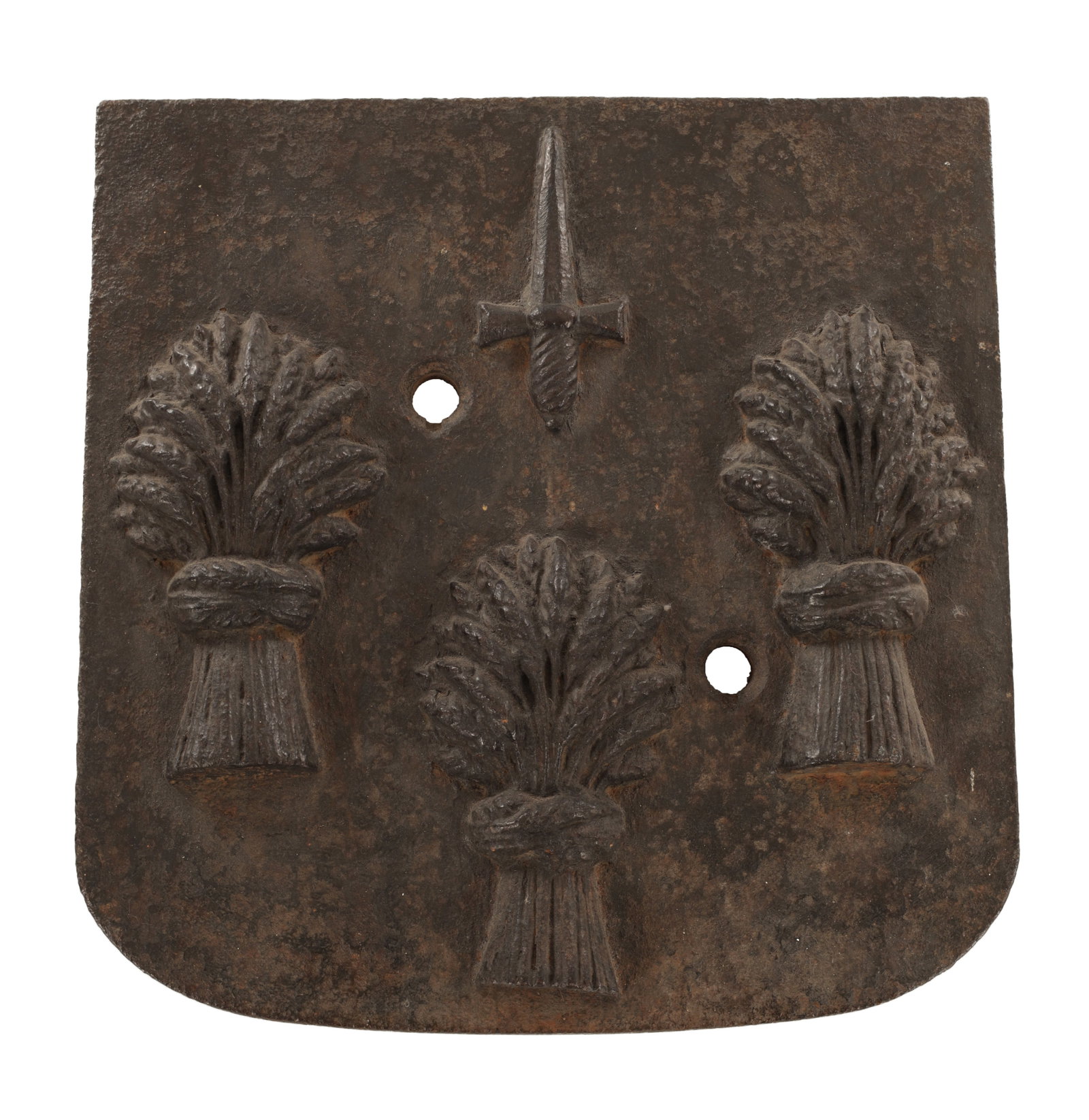 A CAST IRON ARMORIAL PLAQUE: A CAST IRON ARMORIAL PLAQUE cast in relief with three wheatsheaves and a sword, the arms of Chester, of rectangular form with a rounded base and pierced fixing holes. (34cm long, 33cm wide)