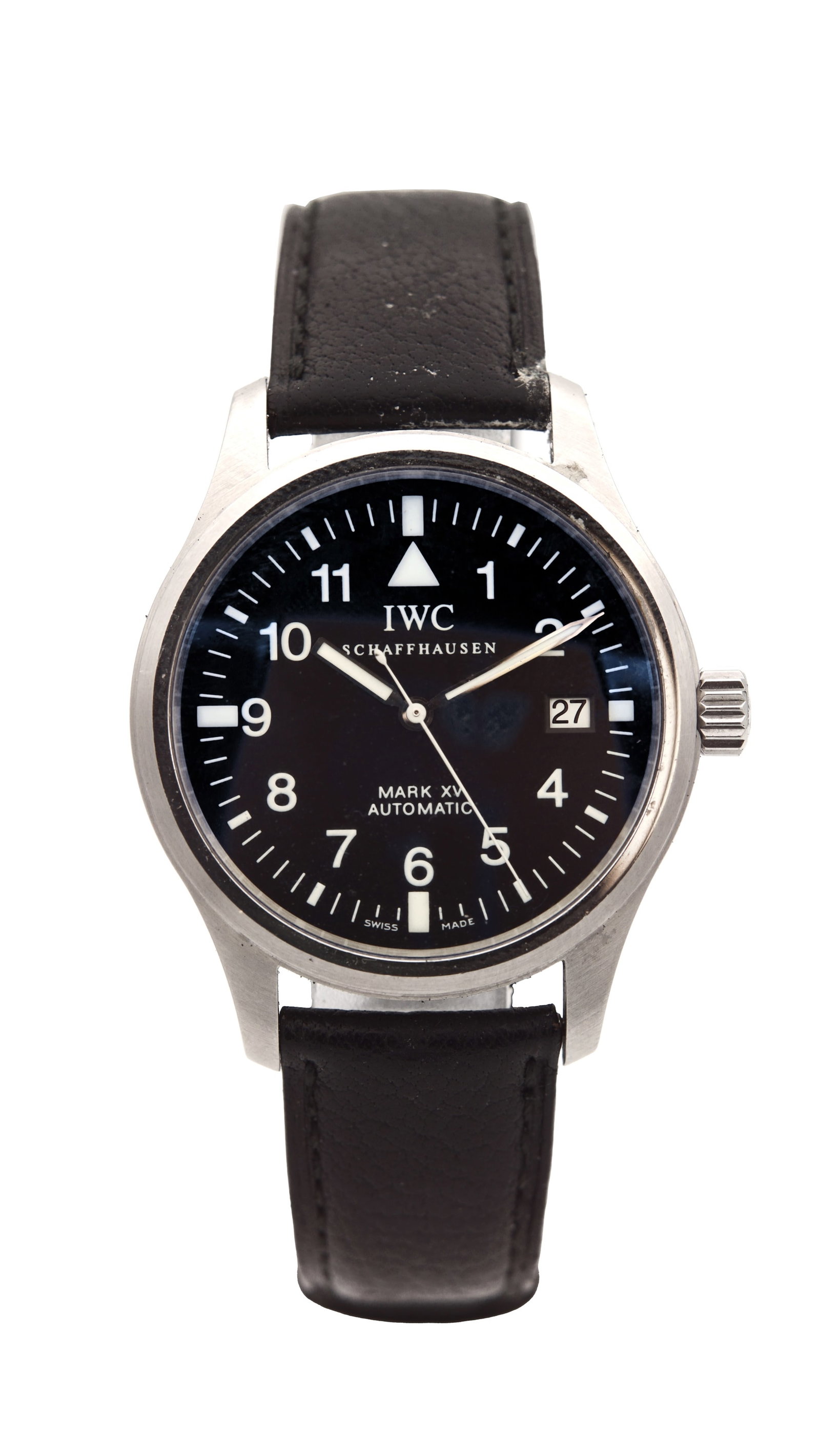 A 2006 IWC SCHAFFHAUSEN STEEL MARK XV PILOT'S AUTOMATIC WRIST WATCH: A 2006 IWC SCHAFFHAUSEN STEEL MARK XV PILOT'S AUTOMATIC WRIST WATCH on the original black leather strap with deployment clasp, the brushed steel case enclosing a black dial with luminous Arabic numera