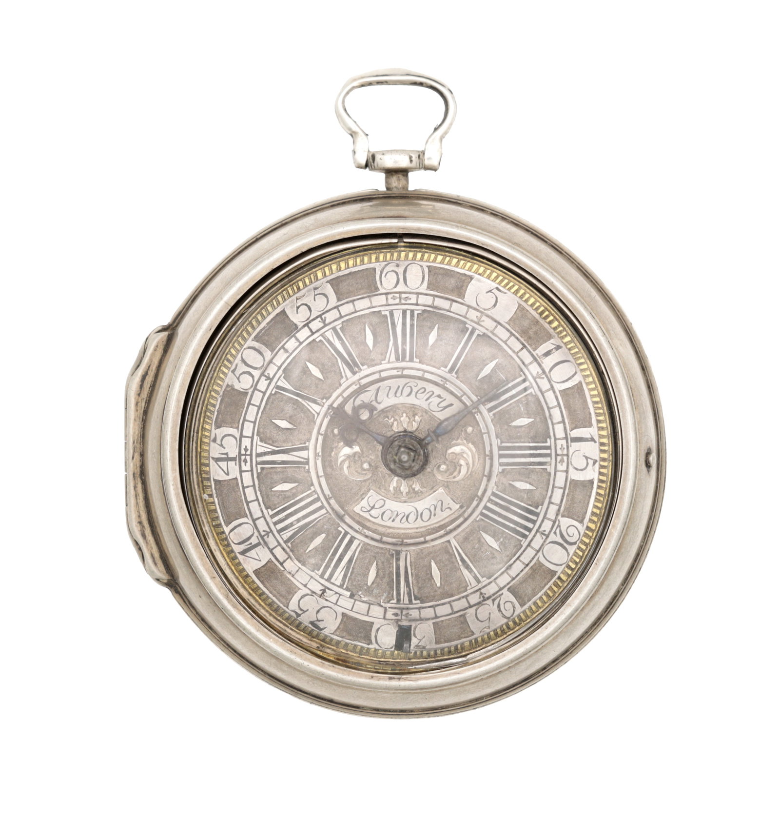 DANIEL AUBERY, LONDON AN 18TH CENTURY SILVER PAIR CASED VERGE FUSEE POCKET WATCH: DANIEL AUBERY, LONDON AN 18TH CENTURY SILVER PAIR CASED VERGE FUSEE POCKET WATCH with champleve silver dial having Roman chapters and outer Arabic minute ring, signed Aubery London, the verge fusee mo