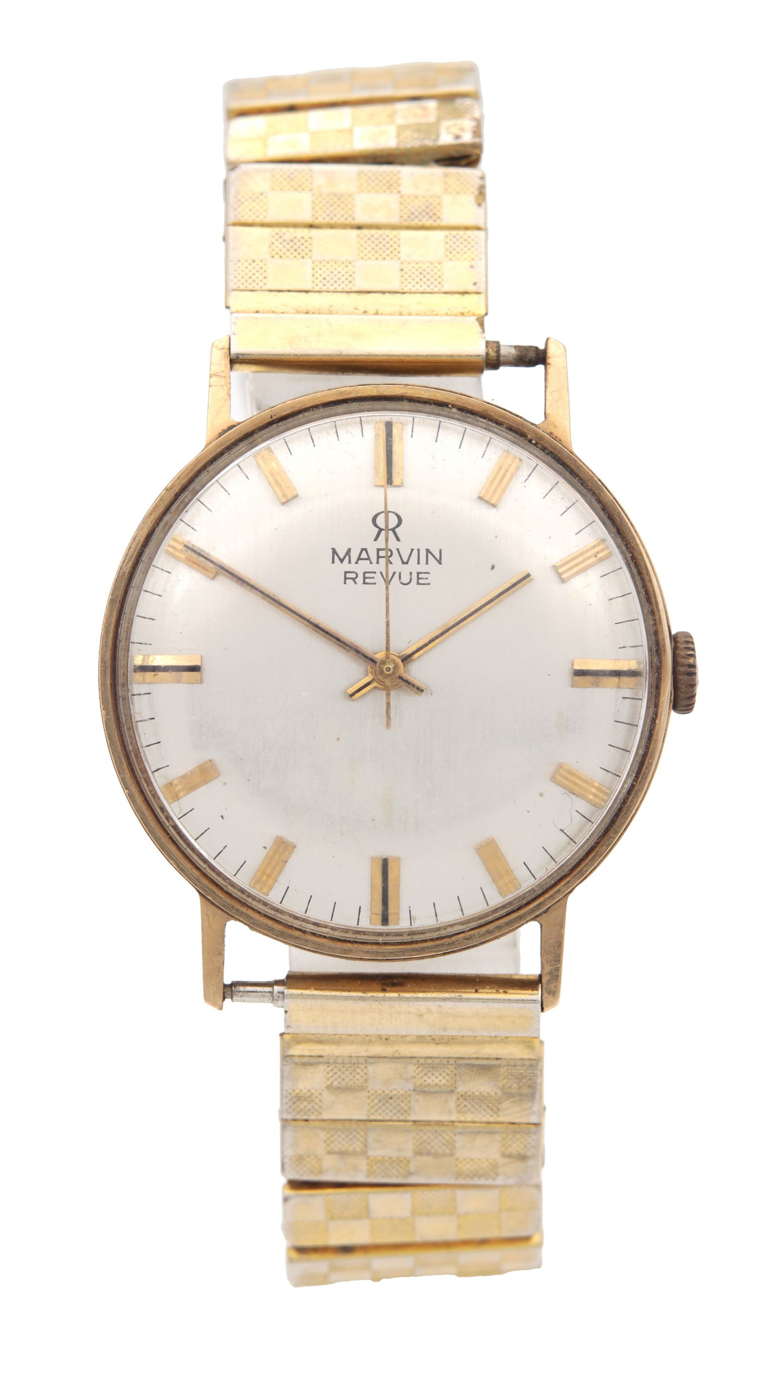 A MID 20TH CENTURY MARVIN REVUE GOLD PLATED WRIST WATCH: A MID 20TH CENTURY MARVIN REVUE GOLD PLATED WRIST WATCH with a silvered dial signed MARVIN REVUE, applied gilt baton hour markers and centre seconds, on a gold coloured expanding bracelet. (30mm)