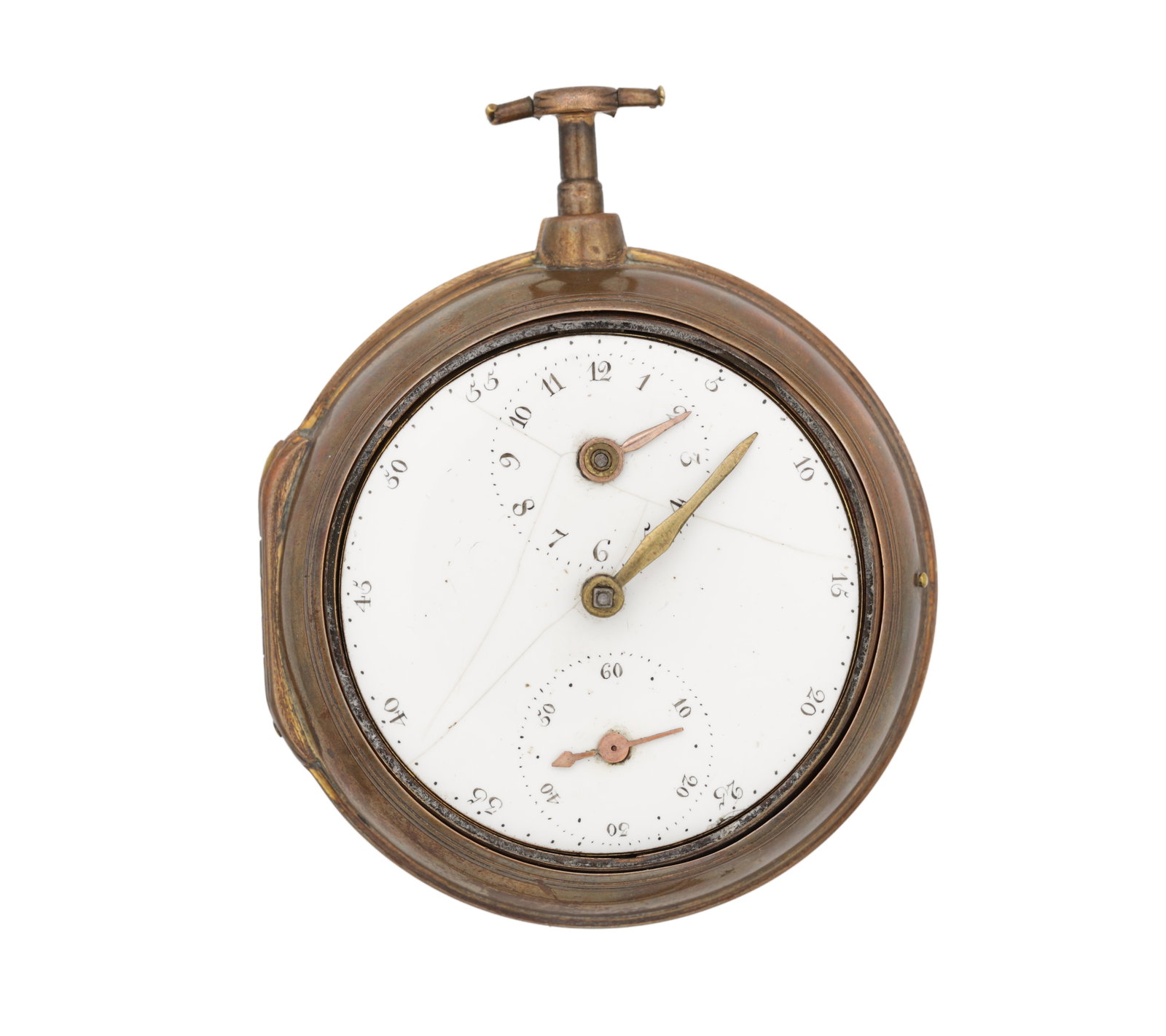 A CIRCA 1750 GILT METAL PAIR CASE VERGE REGULATOR POCKET WATCH BY JAMES FREEMAN: A CIRCA 1750 GILT METAL PAIR CASE VERGE REGULATOR POCKET WATCH BY JAMES FREEMAN with a white enamel regulator dial having outer minute ring, subsidiary hours at twelve and seconds at six with gilt han