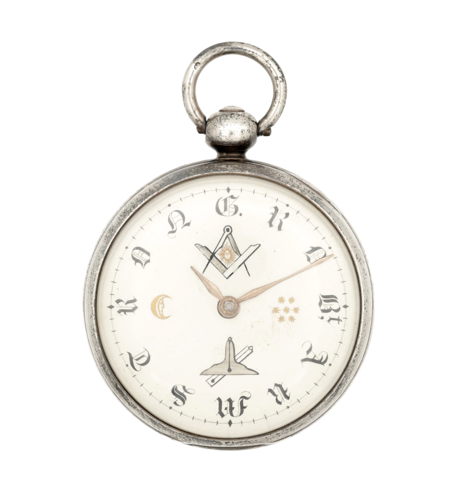 JOHN MASSEY, LAMBETH. AN ENGLISH 19TH CENTURY SILVER MASONIC POCKET WATCH: JOHN MASSEY, LAMBETH. AN ENGLISH 19TH CENTURY SILVER MASONIC POCKET WATCH with an enamel dial decorated with Masonic emblems including the square and compasses, enclosing a chain-driven fusee movement