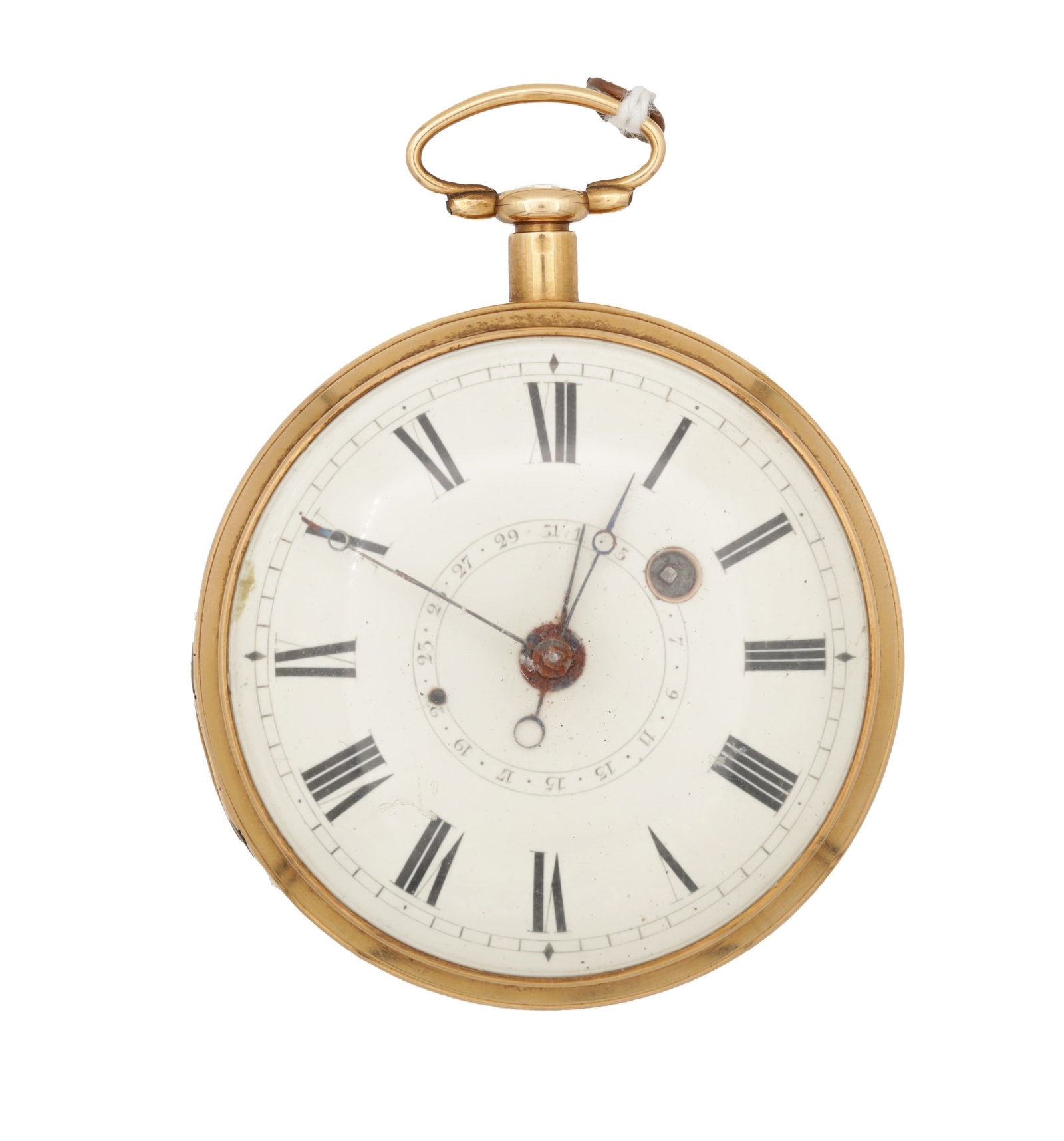 A FRENCH 18CT GOLD OPEN FACED POCKET WATCH WITH CONCENTRIC CALENDAR: A FRENCH 18CT GOLD OPEN FACED POCKET WATCH WITH CONCENTRIC CALENDAR with white enamel Roman numeral dial and concentric date ring, blued steel hands and bow. Total app. weight 123g. (55mm diameter)