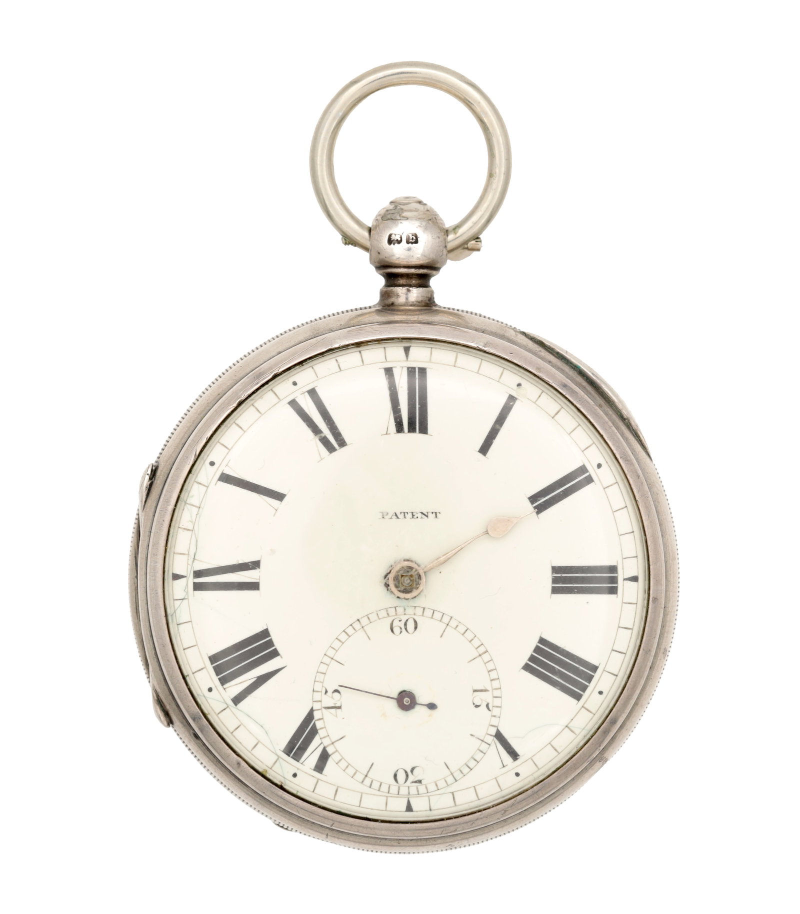 A 19TH CENTURY SILVER OPEN FACED POCKET WATCH WITH MASSEY'S PATENT MOVEMENT: A 19TH CENTURY SILVER OPEN FACED POCKET WATCH WITH MASSEY'S PATENT MOVEMENT the plain case enclosing an enamel dial with Roman numerals and subsidiary seconds dial fronting a chain driven fusee moveme
