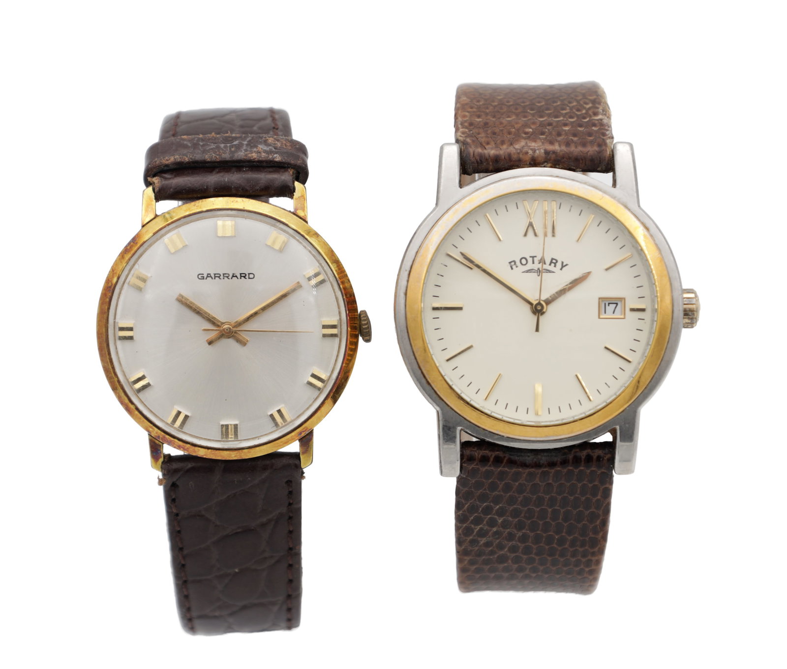 TWO WRIST WATCHES: TWO WRIST WATCHES comprising a Garrard gold plated example with silvered baton dial and centre seconds on a brown leather strap, together with a Rotary steel example with gilt bezel, cream baton dial,