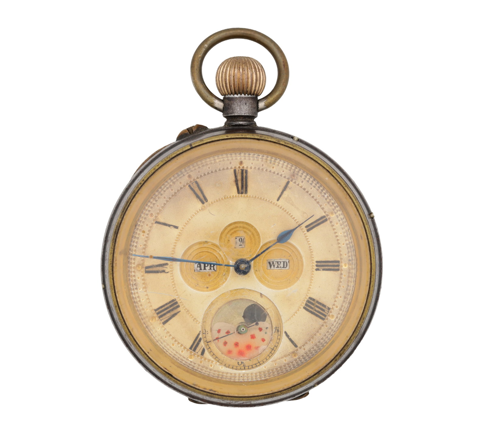 A GUNMETAL OPEN FACE CALENDAR MOONPHASE POCKET WATCH: A GUNMETAL OPEN FACE CALENDAR MOONPHASE POCKET WATCH with gilt Roman numeral dial and blued steel hands, apertures for month, day and date, and a recessed subsidiary dial with moonphase, the gunmetal