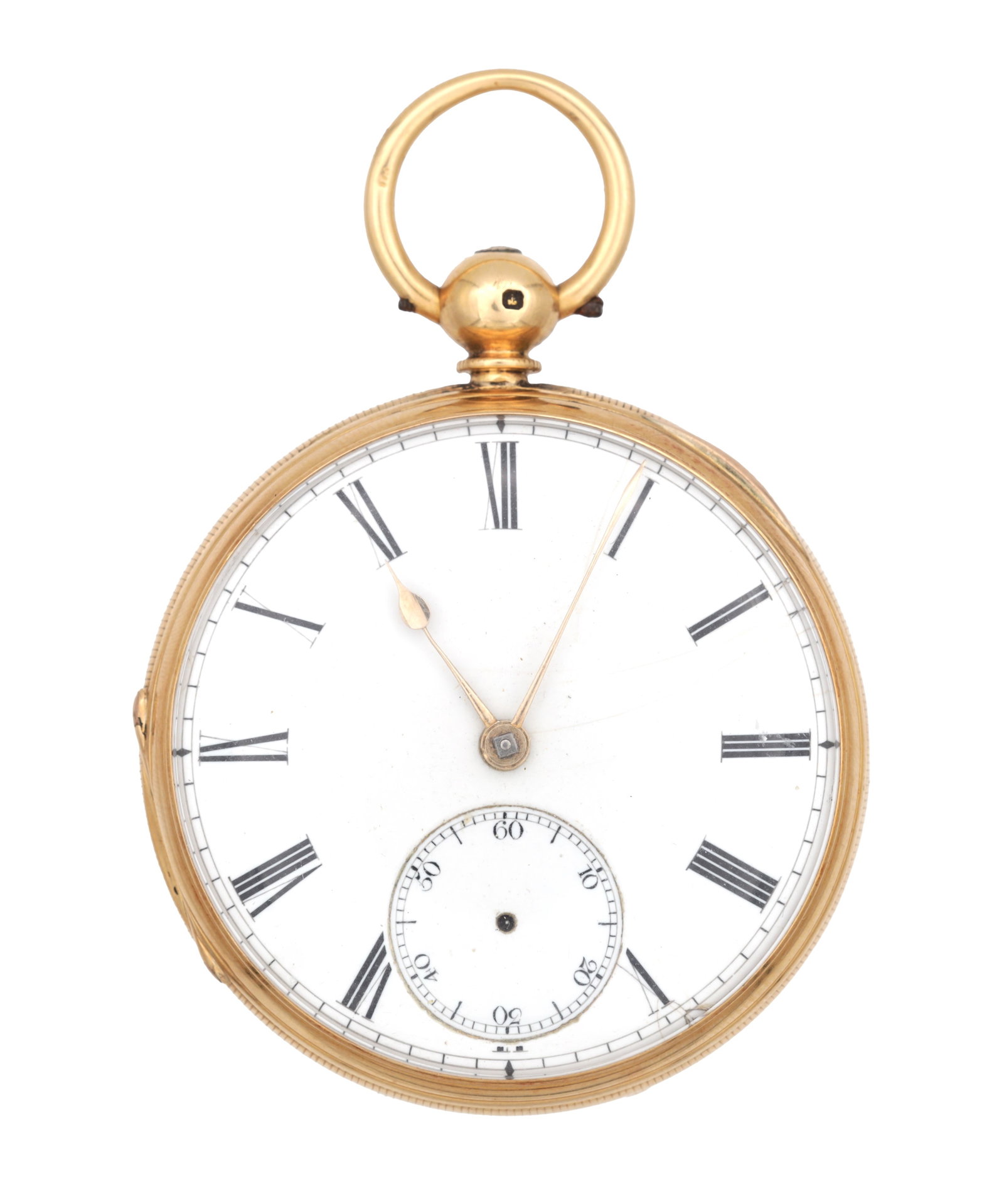 JASON GRAY, EDINBURGH. AN 18CT GOLD OPEN FACED POCKET WATCH: JASON GRAY, EDINBURGH. AN 18CT GOLD OPEN FACED POCKET WATCH the engine-turned case enclosing a white enamel dial with Roman numerals and subsidiary seconds, fronting a chain-driven fusee movement with