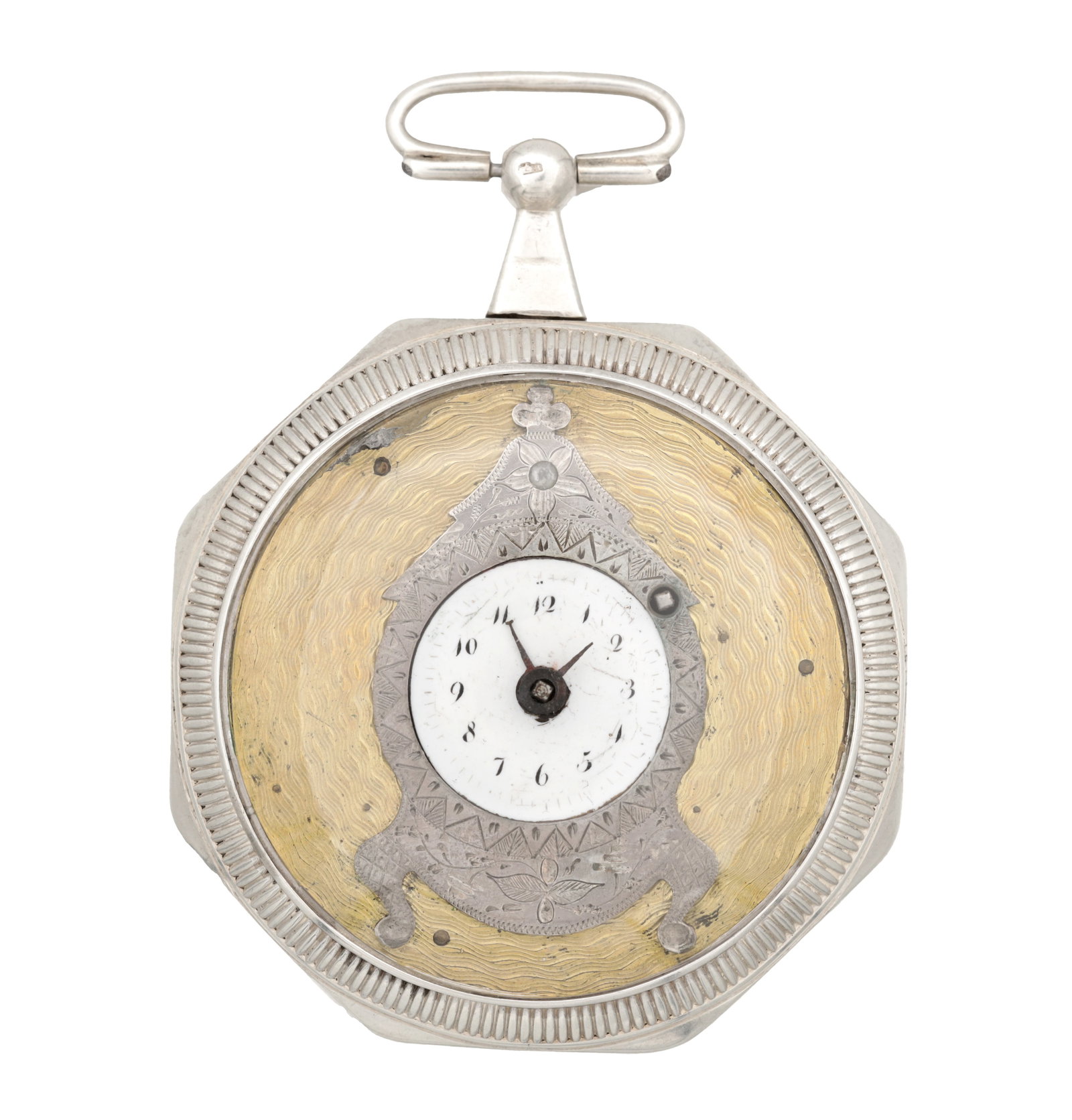 A SILVER VERGE POCKET WATCH WITH EROTIC SCENE ON MOVEMENT AND PENDULUM ON BACK: A SILVER VERGE POCKET WATCH WITH EROTIC SCENE ON MOVEMENT AND PENDULUM ON BACK in an octagonal silver case with reeded bezel and suspension loop, the gilt engine-turned ground framing a small white en