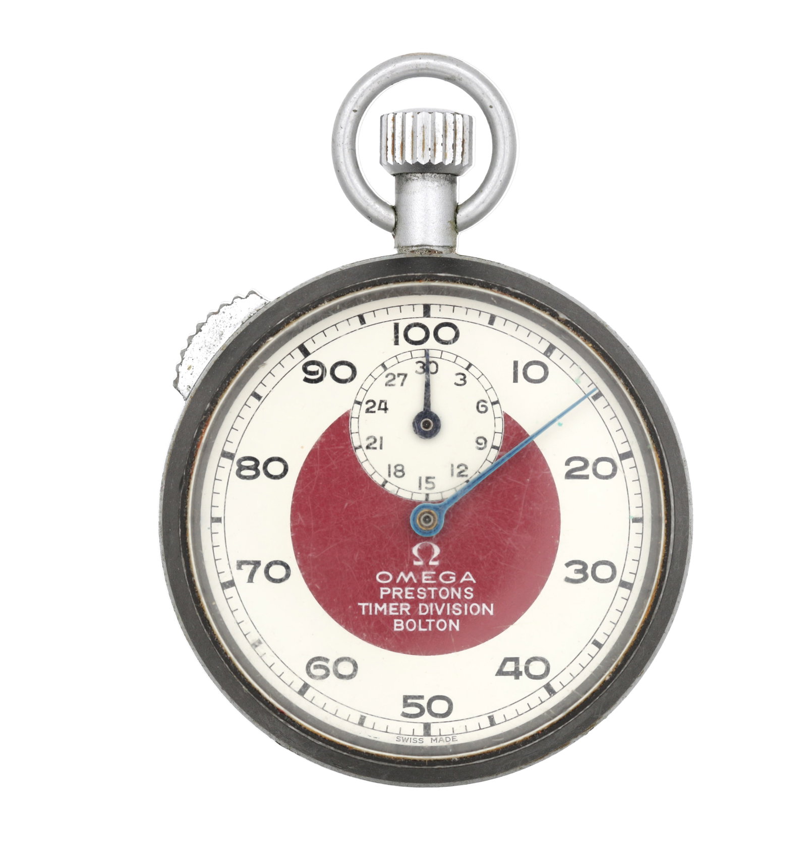 AN OMEGA PRESTONS TIMER DIVISION BOLTON STOP WATCH: AN OMEGA PRESTONS TIMER DIVISION BOLTON STOP WATCH with a white dial centred by a red roundel calibrated 0 to 100, subsidiary 30-minute register at 12, blued sweep hand, crown and bow with side pusher