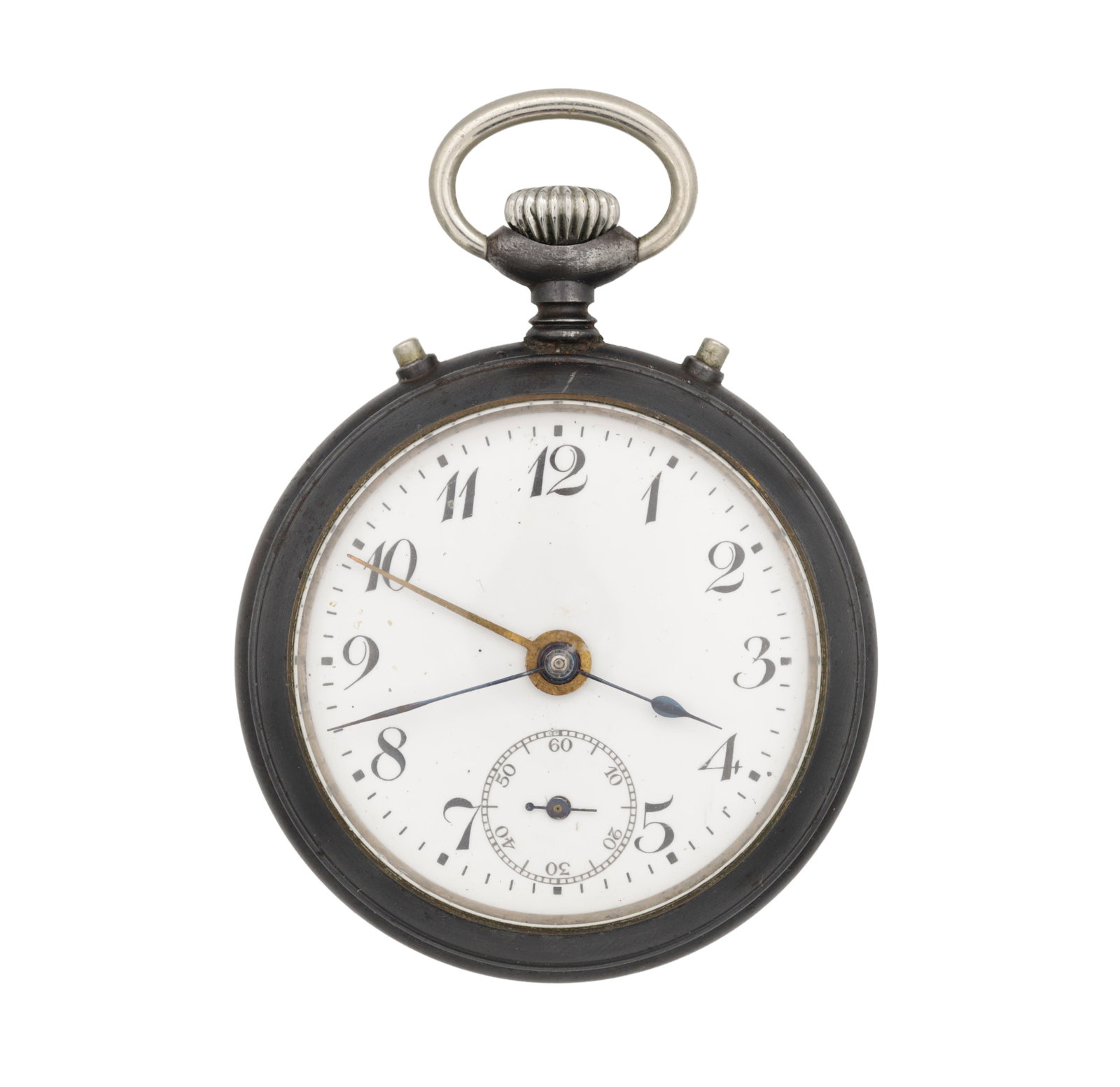 A CIRCA 1920 JUNGHANS GUN METAL ALARM POCKET WATCH: A CIRCA 1920 JUNGHANS GUN METAL ALARM POCKET WATCH with a white enamel dial displaying Arabic numerals and subsidiary seconds at six, blued steel hands with a central alarm pointer, the bow and crown
