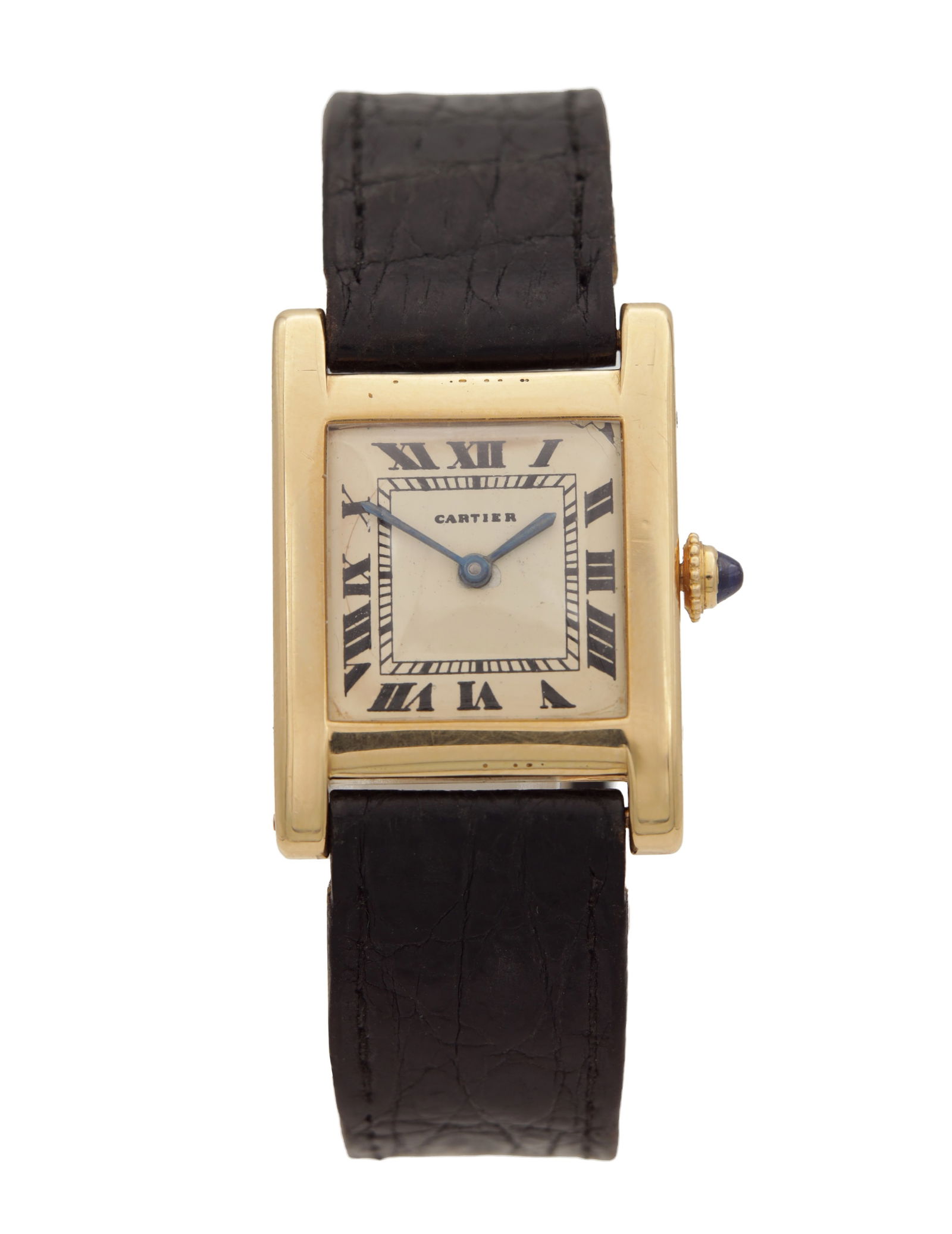 A CARTIER 18CT GOLD TANK GENTLEMAN'S WRIST WATCH, HALLMARKED "JC, LONDON, 1968": A CARTIER 18CT GOLD TANK GENTLEMAN'S WRIST WATCH, HALLMARKED "JC, LONDON, 1968" with cream Roman dial, blued steel hands and cabochon sapphire crown, on an alligator leather strap with original 18ct g