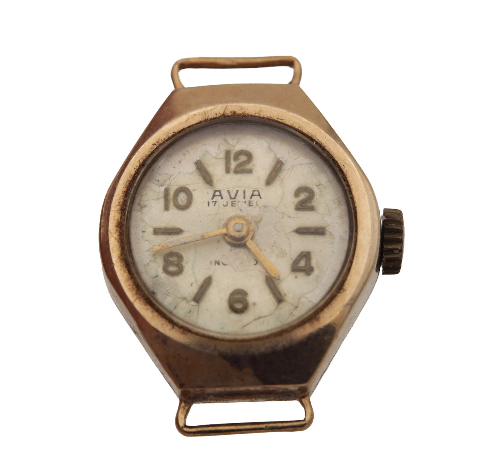 AN AVIA 17 JEWEL LADIES WRISTWATCH: AN AVIA 17 JEWEL LADIES WRISTWATCH with a hexagonal gilt metal case, fixed lugs and milled crown, the silvered dial with Arabic numerals and pencil hands signed AVIA 17 JEWEL and INCABLOC. (Diameter 1