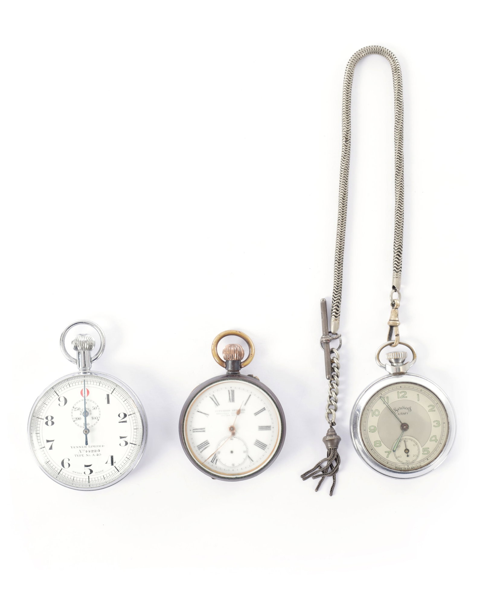 A COLLECTION OF TWO POCKET WATCHES AND A STOPWATCH: A COLLECTION OF TWO POCKET WATCHES AND A STOPWATCH, the Swiss made stopwatch signed "VENNER LTD. TYPE No. A 40". (3) (Stopwatch measures 56mm diameter)