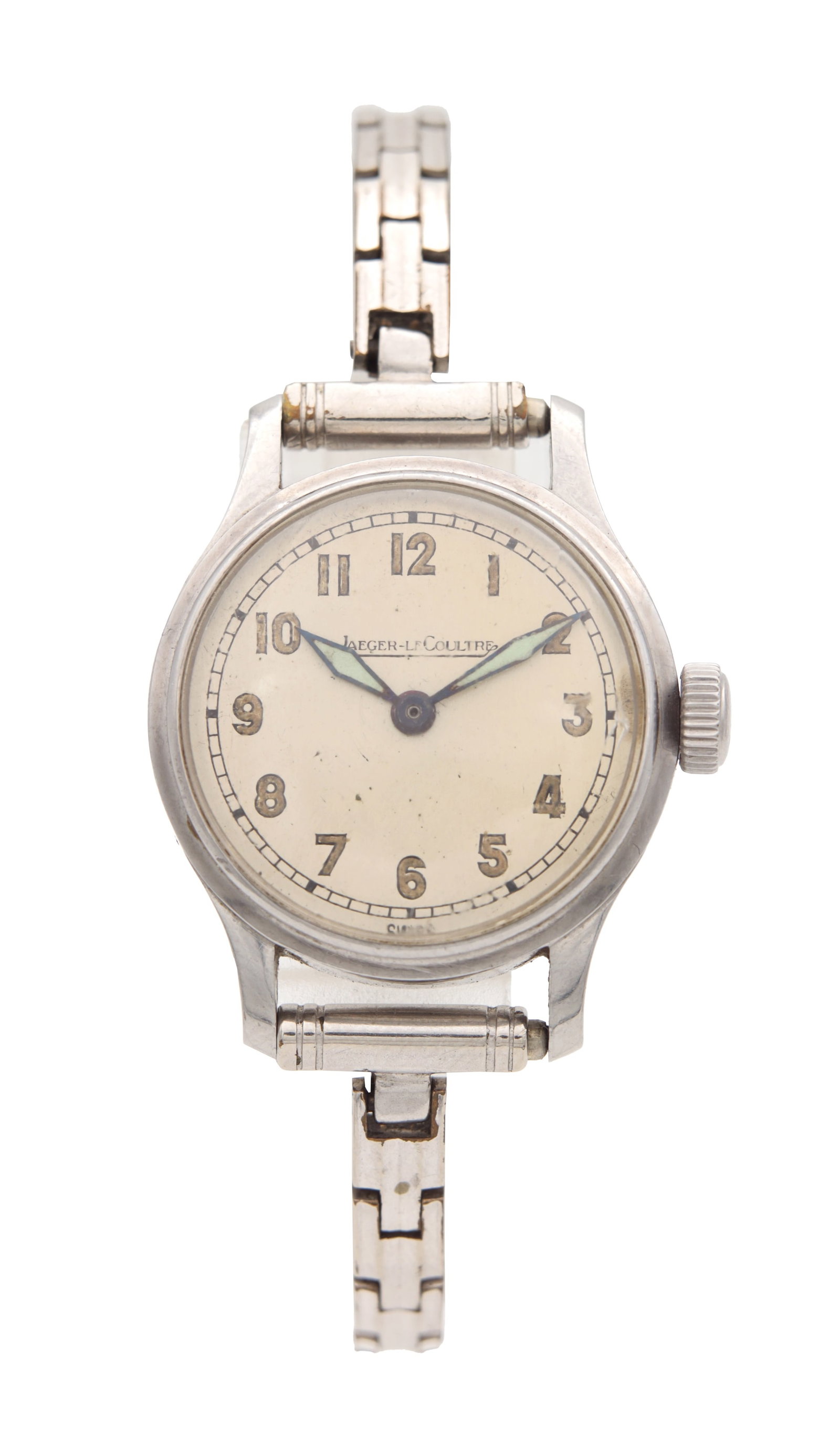 A MID 20TH CENTURY JAEGER-LECOULTRE STAINLESS STEEL LADY'S WRIST WATCH: A MID 20TH CENTURY JAEGER-LECOULTRE STAINLESS STEEL LADY'S WRIST WATCH with a cream Arabic dial, blued luminous hands and outer minute track, side crown and metal link bracelet. (Length 15cm )