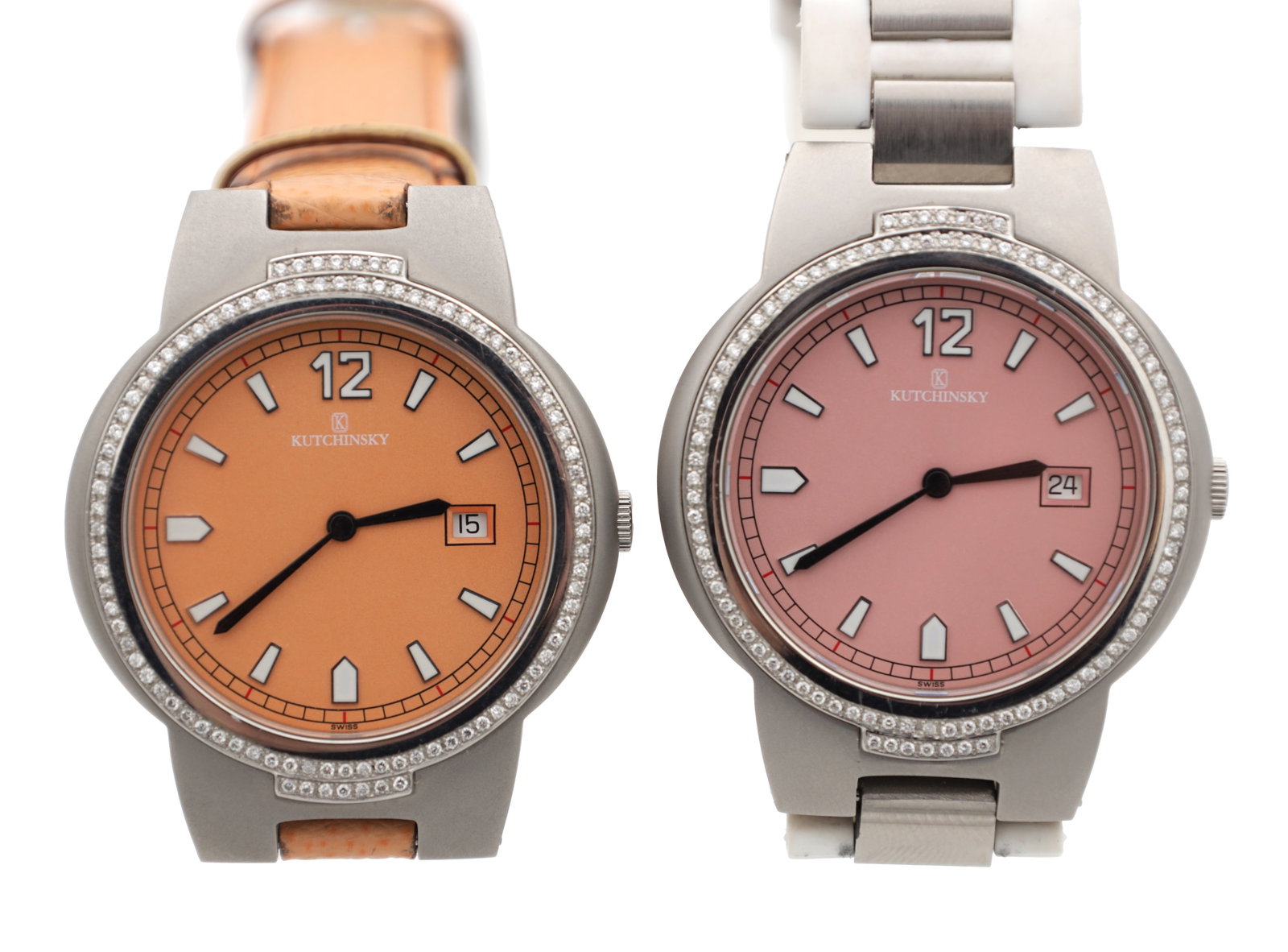 TWO KUTCHINSKY STAINLESS STEEL AND DIAMOND WRIST WATCHES: TWO KUTCHINSKY STAINLESS STEEL AND DIAMOND WRIST WATCHES each with circular case and diamond-set bezel, coloured dial with applied baton markers and Arabic numeral 12, date aperture at 3 o'clock, one
