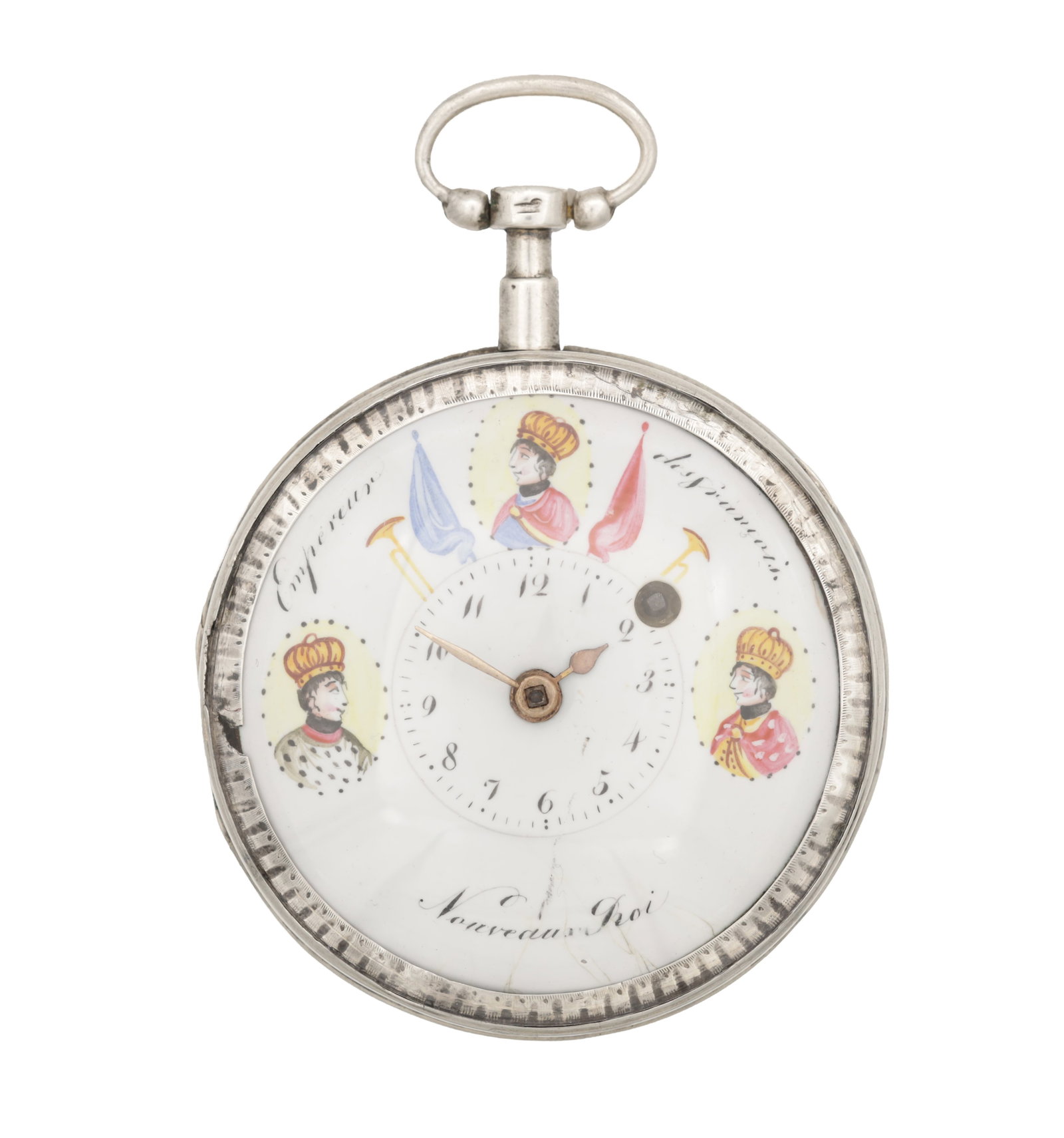 A SILVER CONSULAR CASE VERGE POCKET WATCH WITH PAINTED DIAL DEPICTING THREE CROWNED PORTRAITS: A SILVER CONSULAR CASE VERGE POCKET WATCH WITH PAINTED DIAL DEPICTING THREE CROWNED PORTRAITS having an enamel dial inscribed Nouveaux Roi with inner Arabic chapter ring and gilt hands, verge movement