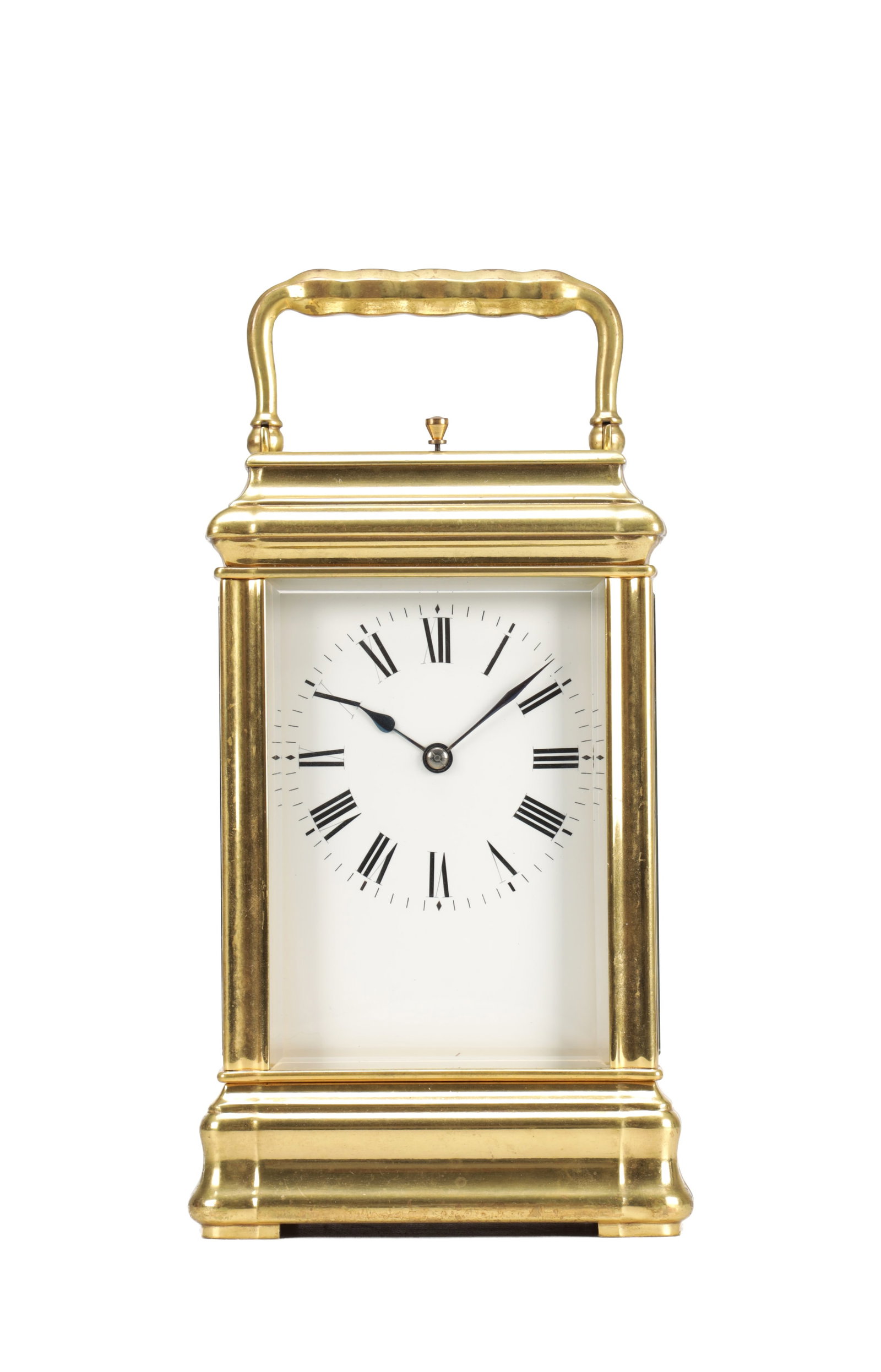 A LATE 19TH CENTURY FRENCH GILT BRASS GIANT GORGE CASED REPEATING CARRIAGE CLOCK: A LATE 19TH CENTURY FRENCH GILT BRASS GIANT GORGE CASED REPEATING CARRIAGE CLOCK with a glazed moulded case and ripple handle, the white enamel dial with Roman numerals and blued steel hands, fronting