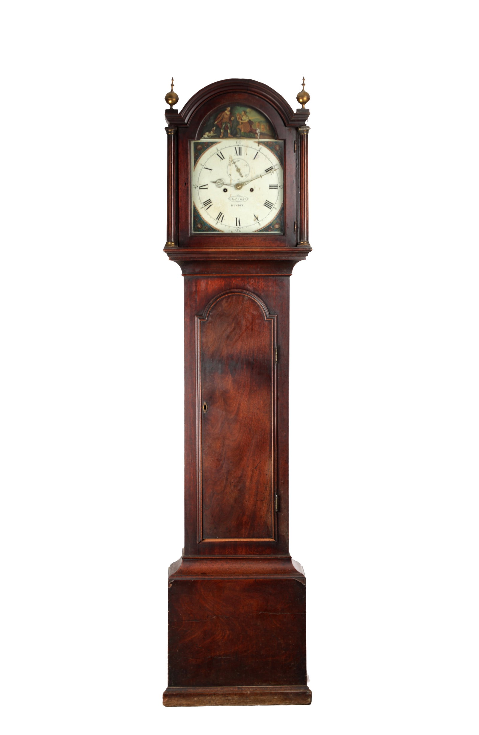 THOMAS IVORY, DUNDEE. A GEORGE III SCOTTISH FIGURED MAHOGANY LONGCASE CLOCK: THOMAS IVORY, DUNDEE. A GEORGE III SCOTTISH FIGURED MAHOGANY LONGCASE CLOCK having a break-arched hood with ball finials and a moulded arched trunk door enclosing a 12 inch painted dial with floral sp