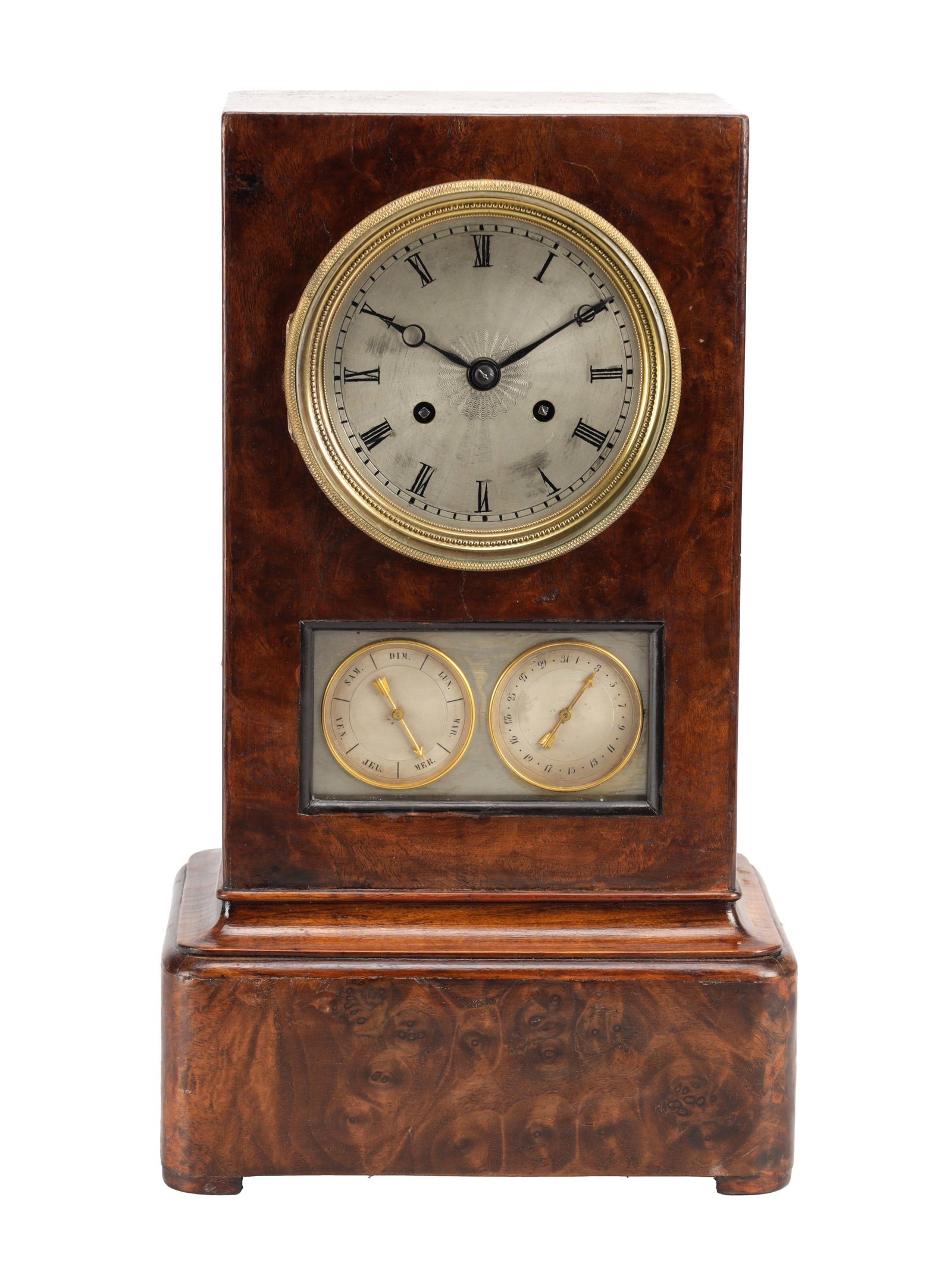 A MID 19TH CENTURY FRENCH BURR WALNUT MANTEL CLOCK WITH CALENDAR: A MID 19TH CENTURY FRENCH BURR WALNUT MANTEL CLOCK WITH CALENDAR of rectangular form with a circular silvered Roman dial within a gilt bezel over twin subsidiary day and date dials, the eight-day spri