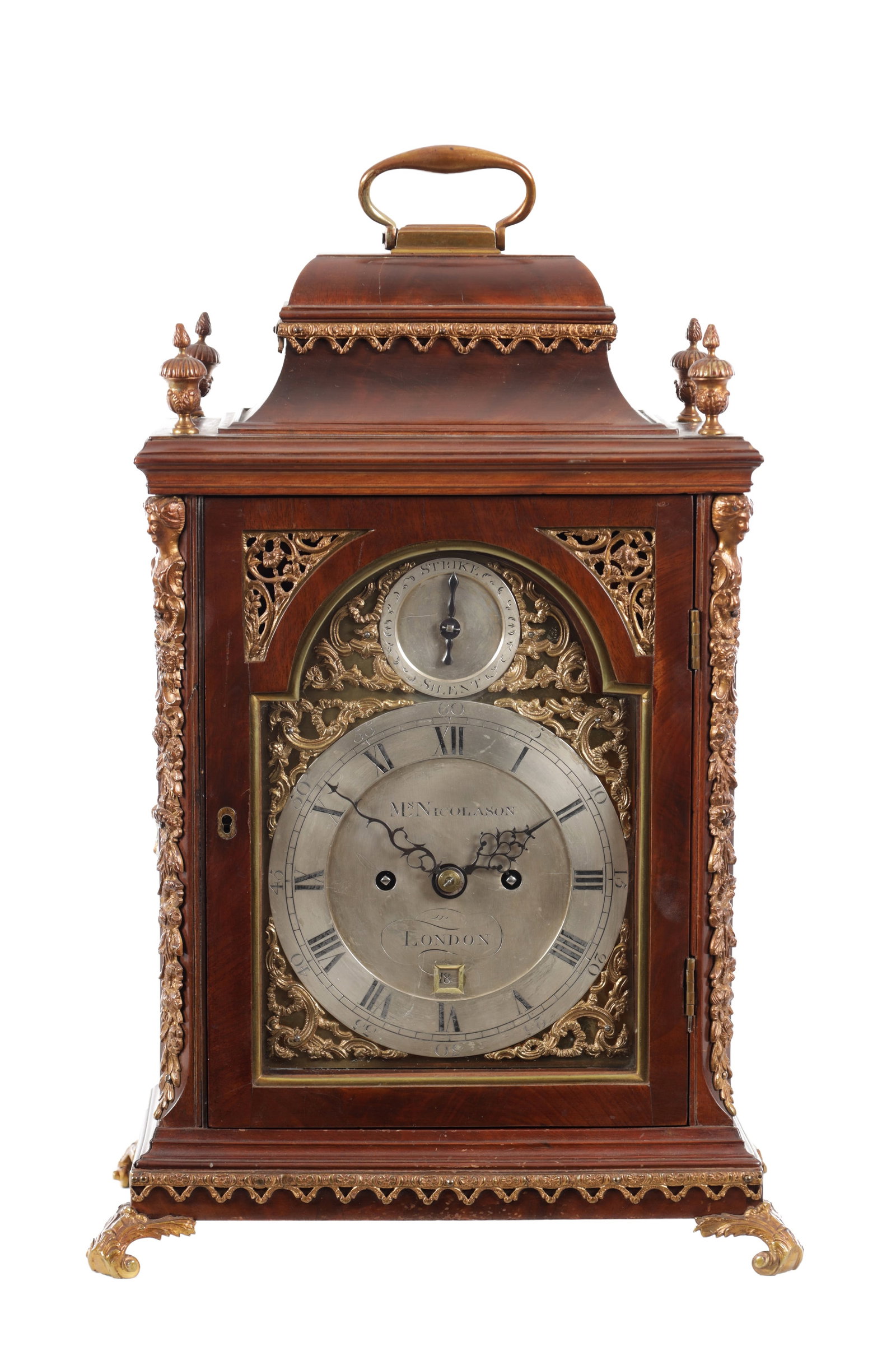 M. NICOLASON, LONDON A GEORGE III ORMOLU MOUNTED MAHOGANY VERGE BRACKET CLOCK: M. NICOLASON, LONDON A GEORGE III ORMOLU MOUNTED MAHOGANY VERGE BRACKET CLOCK the arched brass dial with Roman numerals and signed M. Nicolason London with subsidiary strike/silent dial above, within