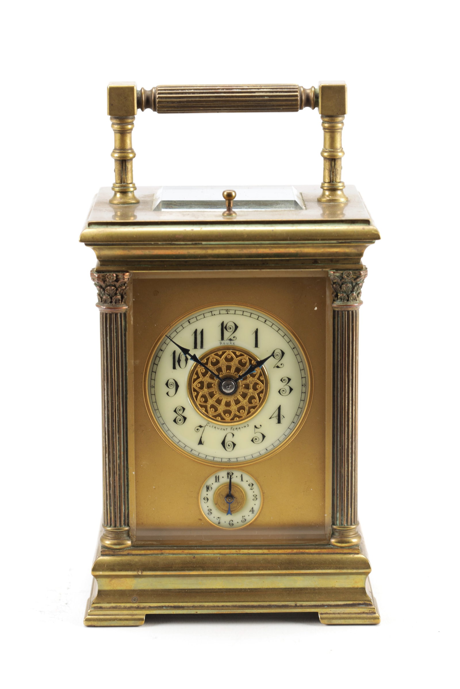 A LATE 19TH CENTURY FRENCH GRAND SONNERIE CARRIAGE CLOCK: A LATE 19TH CENTURY FRENCH GRAND SONNERIE CARRIAGE CLOCK the glazed brass case with reeded Corinthian corner columns enclosing a gilt masked enamel dial above a subsidiary alarm dial fronting an eight