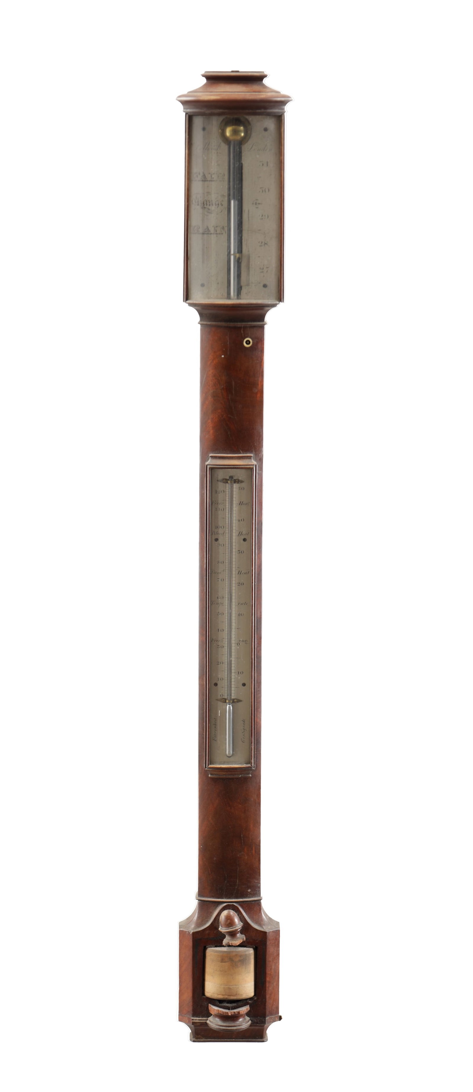 DOLLAND, LONDON A LATE GEORGE III BOWFRONT FIGURED MAHOGANY STICK BAROMETER (1 of 6)