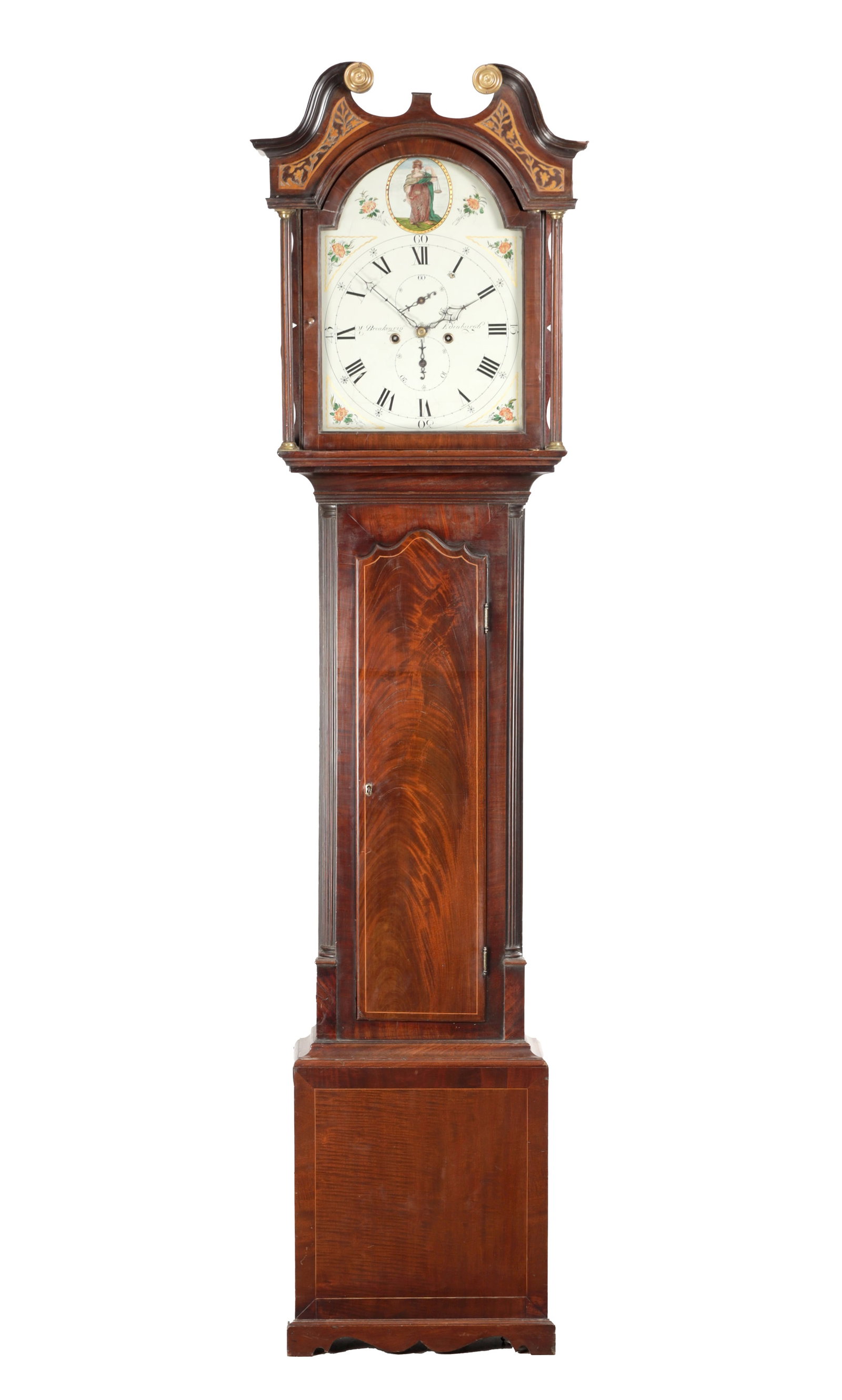 A. BREAKENRIG, EDINBURGH. A LATE GEORGE III SCOTTISH FIGURED MAHOGANY EIGHT DAY LONGCASE CLOCK: A. BREAKENRIG, EDINBURGH. A LATE GEORGE III SCOTTISH FIGURED MAHOGANY EIGHT DAY LONGCASE CLOCK with a swan neck pediment and gilt paterae above a hood with pierced side frets and reeded columns, the 1