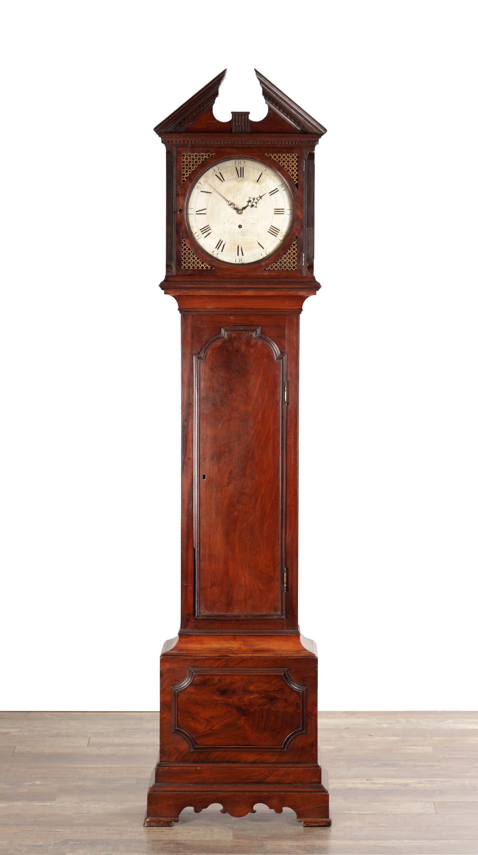 JOHN WILKINS, LONDON. A SMALL GEORGE III FIGURED MAHOGANY DOMESTIC REGULATOR LONGCASE CLOCK (1 of 8)